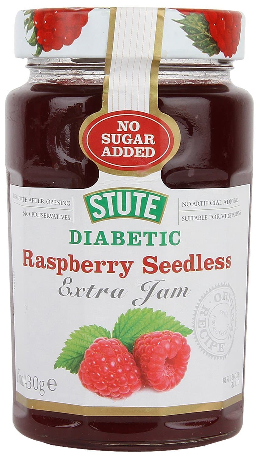 Stute No Sugar Added Diabetic Raspberry Seedless Extra Jam, 15.17 oz ℮ 430 g مربى التوت البري الخالي من البذور والمخصص لمرضى السكر بدون إضافة سكر