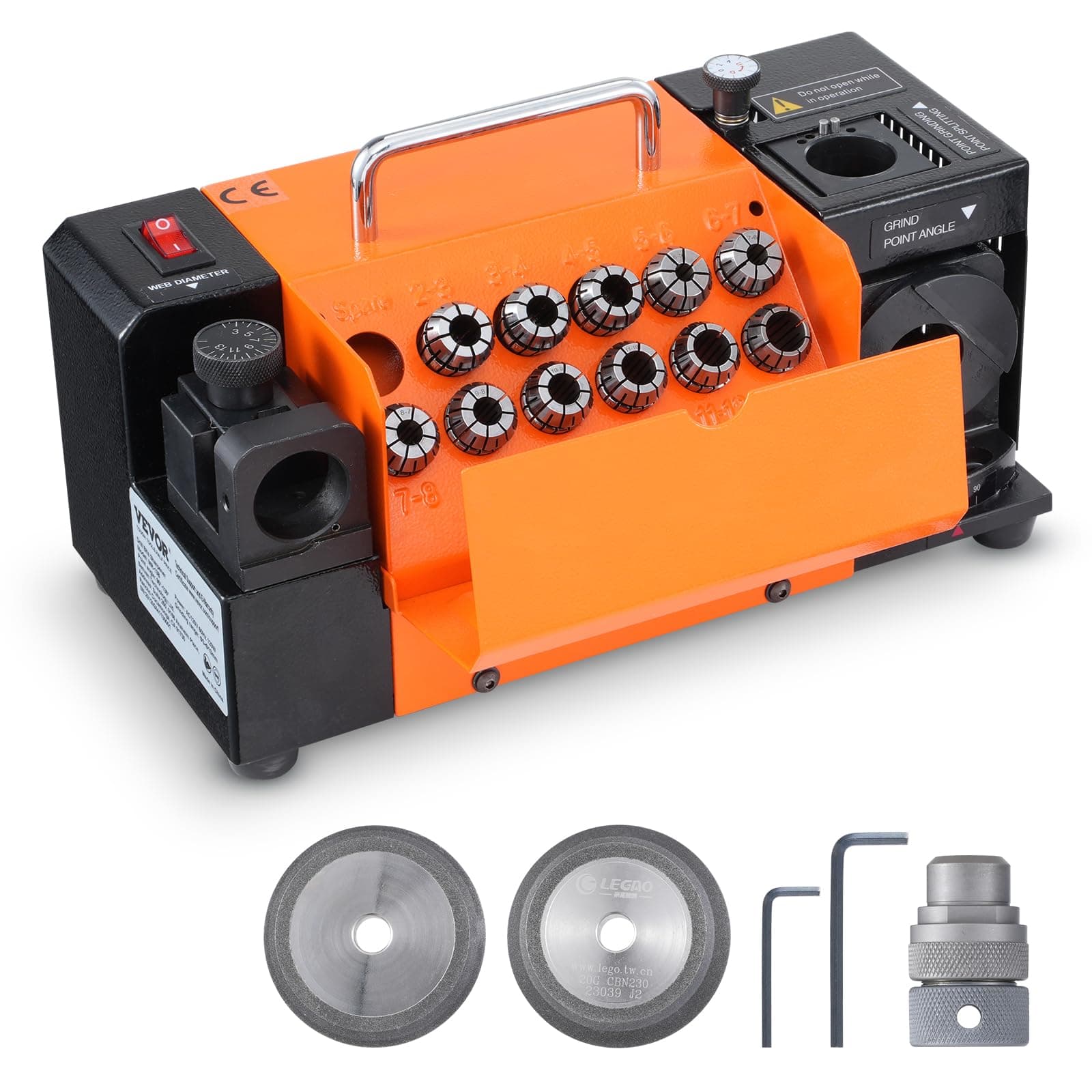 VEVOR Drill Bits Sharpener, 3-13mm End Mill Grinder Sharpener, Lip Relief Angle & 95°-135° Point Angle Adjustable Drill Bit Re-Sharpener, Portable Sharpening Machine with 11 Collets, CBN & SDC Wheel