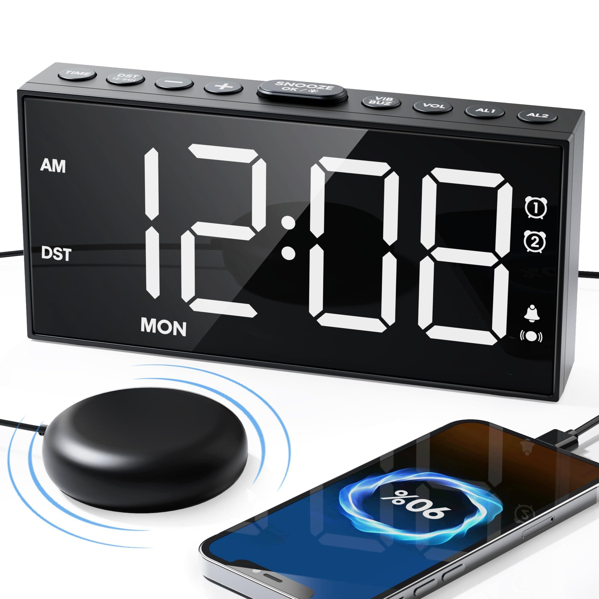 Super Loud Alarm Clock with Bed Shaker for Heavy Sleeper,3-level Vibrating,Large Digits,Weekday/Weekend Mode,Dual Alarms for Hearing-impaired/Deaf,5 Volume,Dimmer,USB Charger,Snooze,Battery Backup