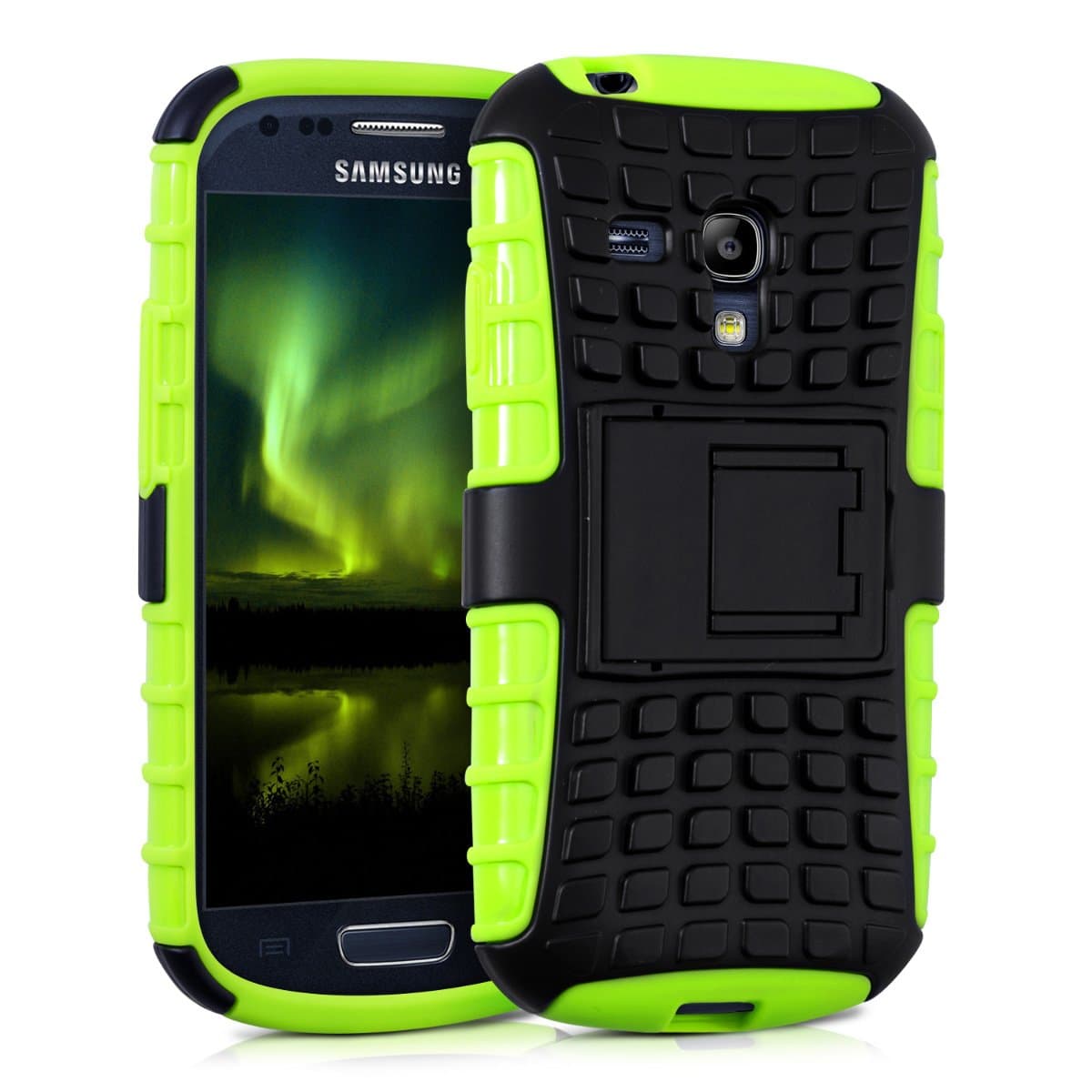 kwmobile Hybrid Case Compatible with Samsung Galaxy S3 Mini i8190 - Mobile Cell Phone Cover Protection with Stand - Neon Green