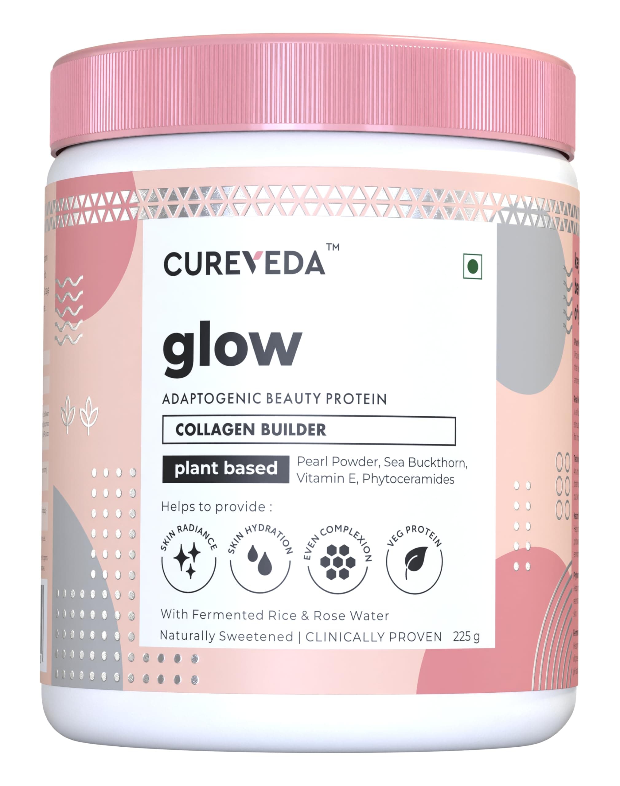 Cureveda Collagen Builder Glow Powder for Brighter & Youthful Skin, Plant-Based Supplement with Rose Water, Veg Beauty Protein, Evening Primrose 100IU, No Added Sugar, 225gm