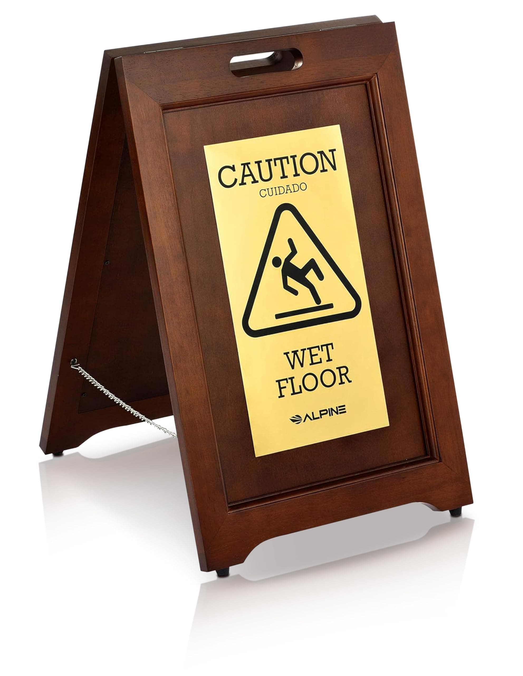 Alpine 2-Sided Wooden Brass Plated Wet Floor Sign - A-Frame Warning Notice - Sturdy Double Sided Fold Out Bilingual Floor Safety Alert Ideal for High End Commercial Use