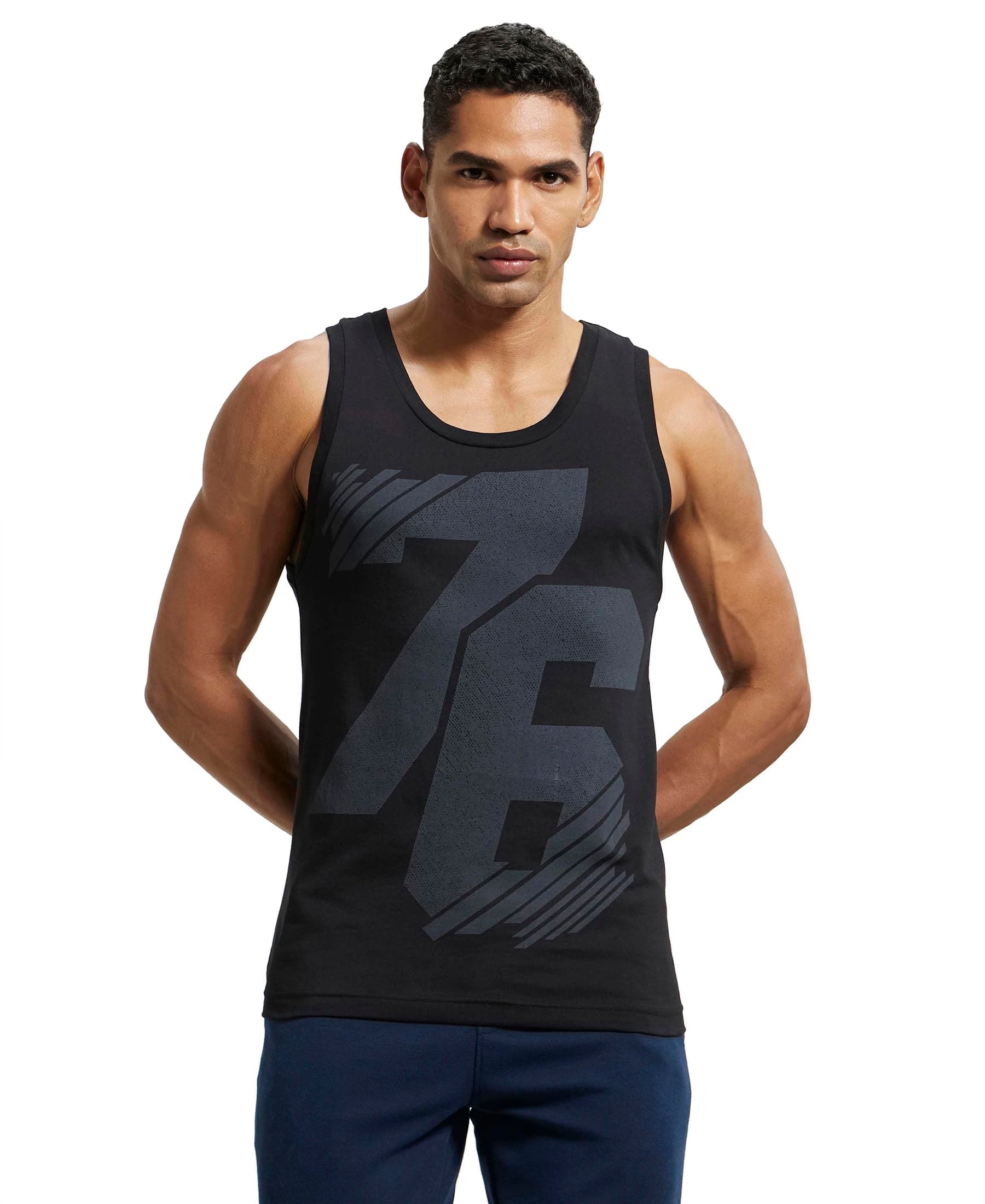 9928 Men's Super Combed Cotton Rich Graphic Printed Low Neck Tank Top with Stay Fresh Treatment (Prints May Vary)
