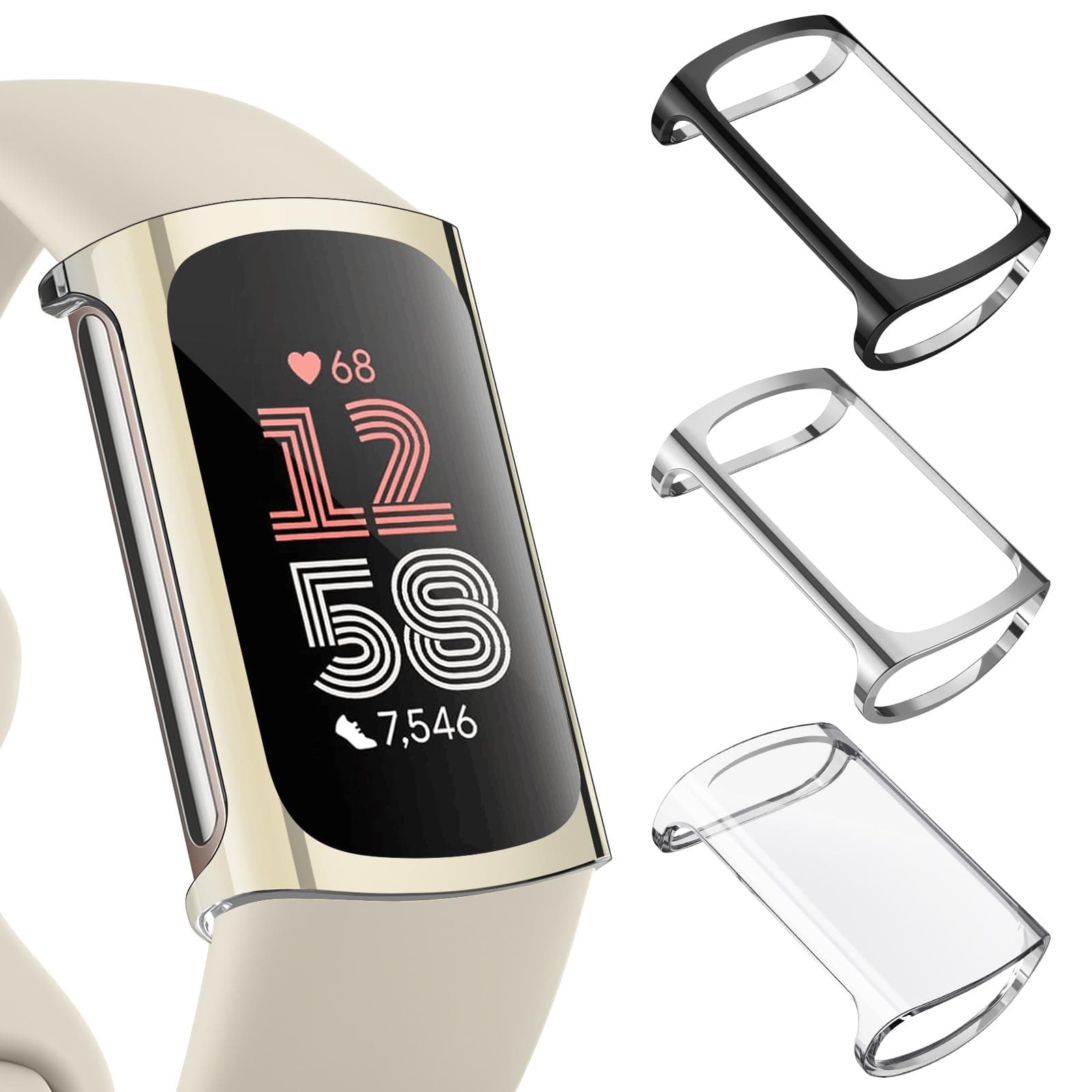 3 Pack Screen Protector for Fitbit Charge 6/5 (NOT for Charge 4/3), TPU All-Around Protective Case Cover Rugged Bumper Shell Accessories for Charge 6/5 (Black/Silver/Clear)