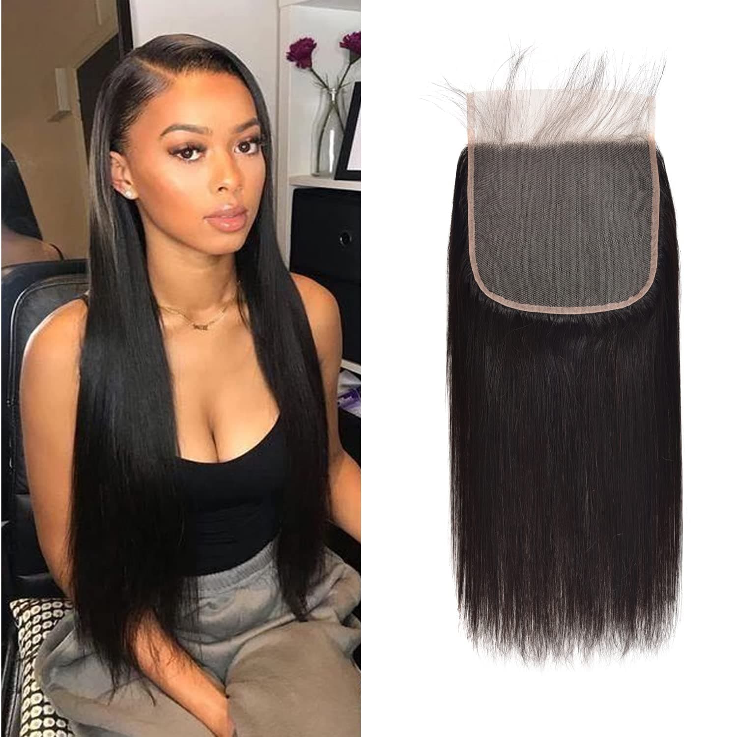 5X5 HD Lace Closure Front Free Part With Baby Hair Bleached Knot Unprocessed Brazilian Real Human Hair Extensions Virgin Remy Hair Weave Pre Plucked Lace Closure 5X5 Natural Color（16 Closure）