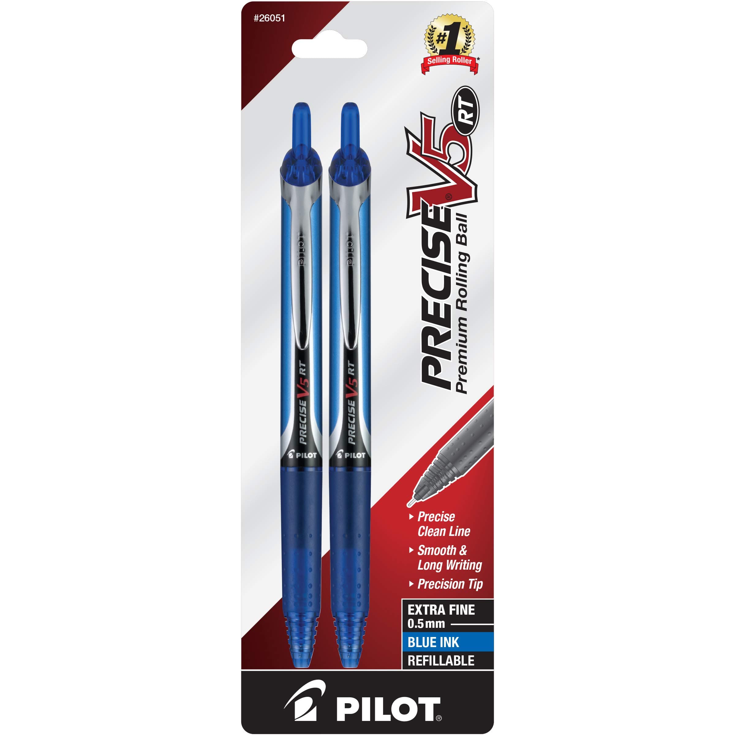 Precise V5 RT Refillable & Retractable Liquid Ink Rolling Ball Pens, Extra Fine Point (0.5mm) Blue Ink, 2-Pack (26051)
