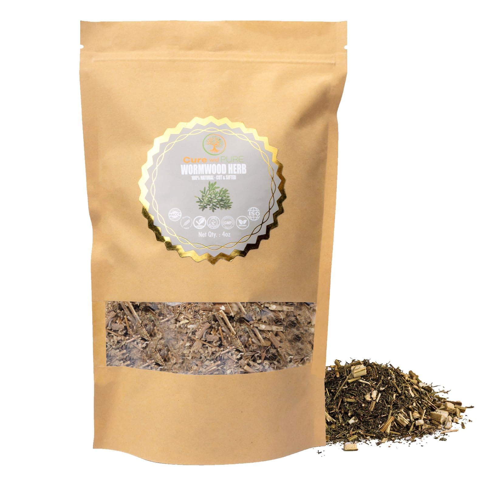 Cure wid Pure Organic Wormwood Herb Dried Cut & Sifted 4oz/114g - Artemisia Absinthium - Non-GMO,Preservative & Additives Free Wormwood Tea In Eco Friendly Resealable Pouch Traditional Herbal Remedy