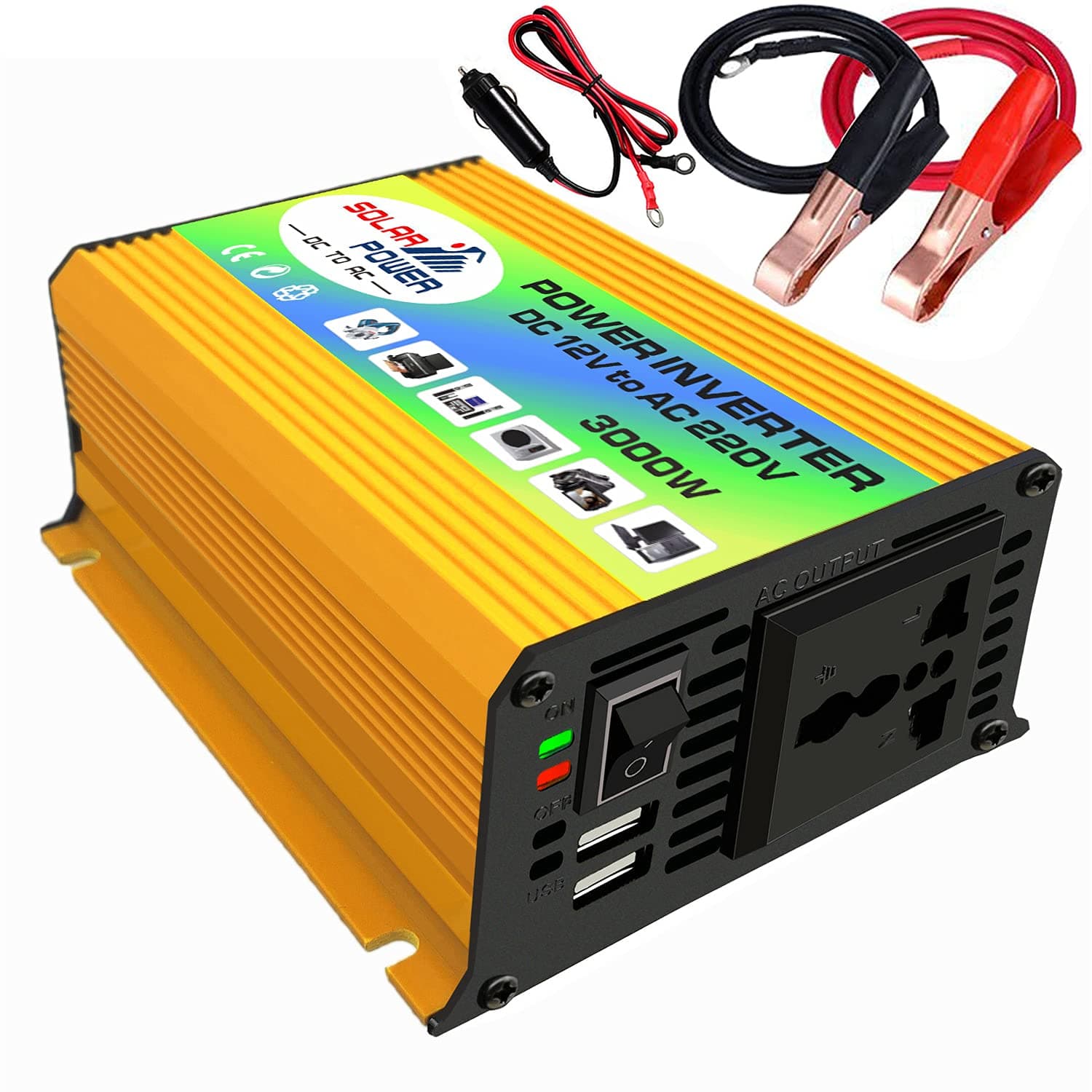 3000W Modified Sine Wave Power Inverter - DC 12V to AC 220V Converter With 2.1A Dual USB Port and Battery Clips
