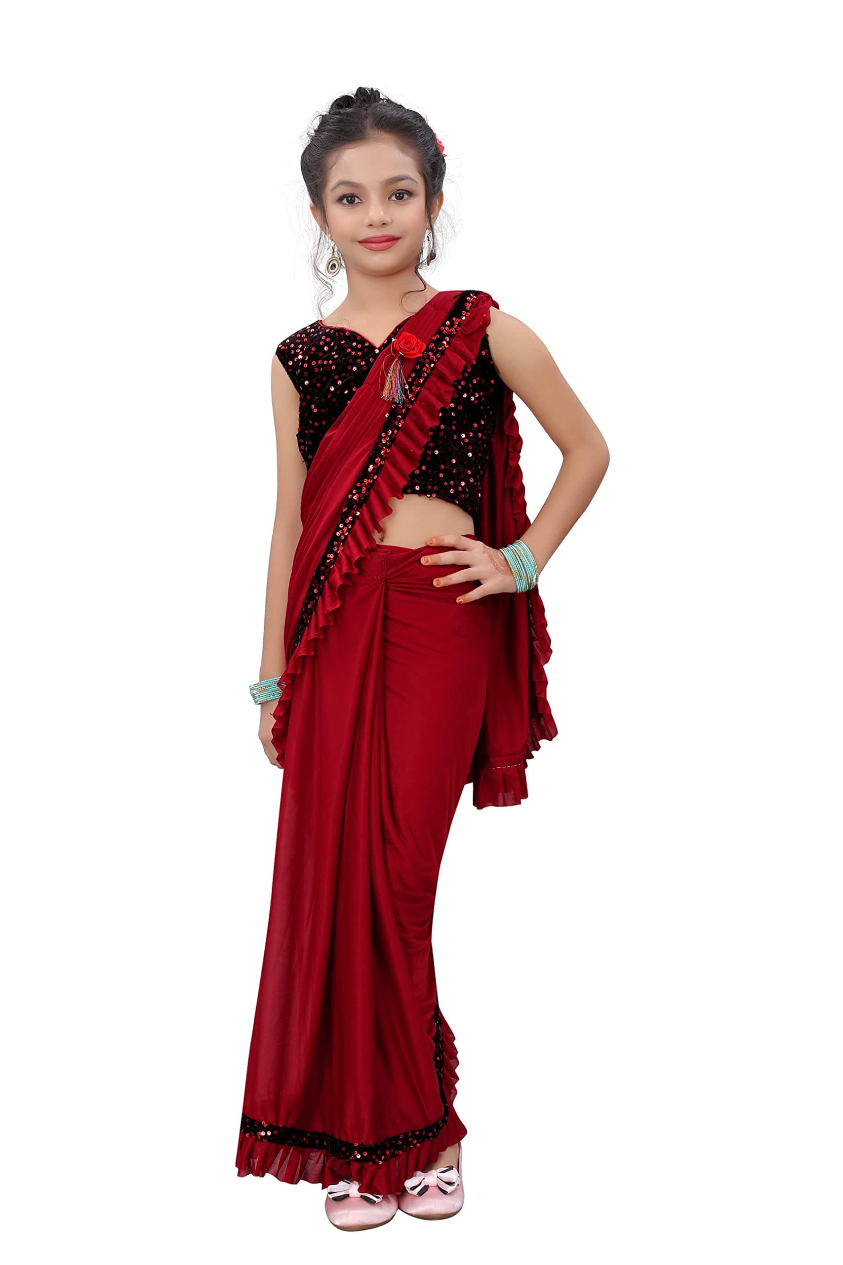 KJP VILLA Kids Redy To Wear Saree With Blouse Piece (6-7, Red)