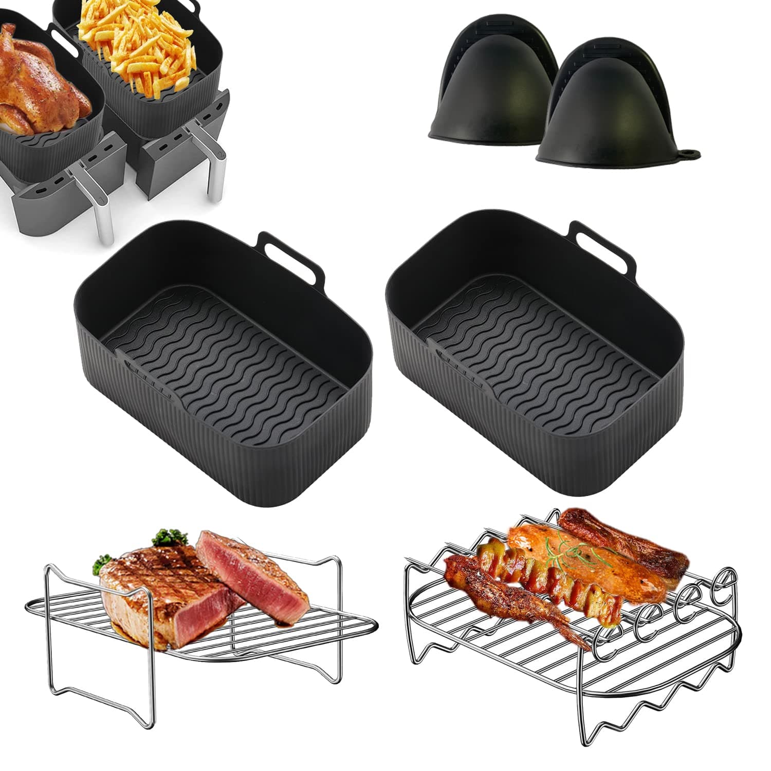 Air Fryer Accessories for Ninja Dual Air Fryer, Silicone Air Fryer Liner for Ninja AF300UK AF400UK AF451UK AF500UK & 7.6L-9.5L Including Silicone Pot, Air Fryer Rack and Mitts