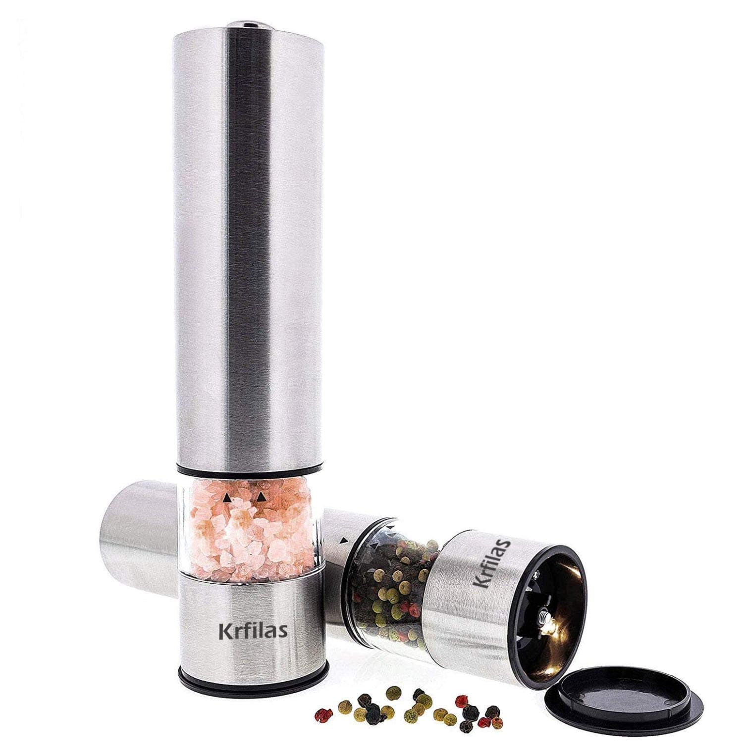 Krfilas Electric Salt and Pepper Grinder Set - Battery Operated Stainless Steel Mill with LED Light (Pack of 2 Mills) - Adjustable Shakers Automatic One Handed Operation
