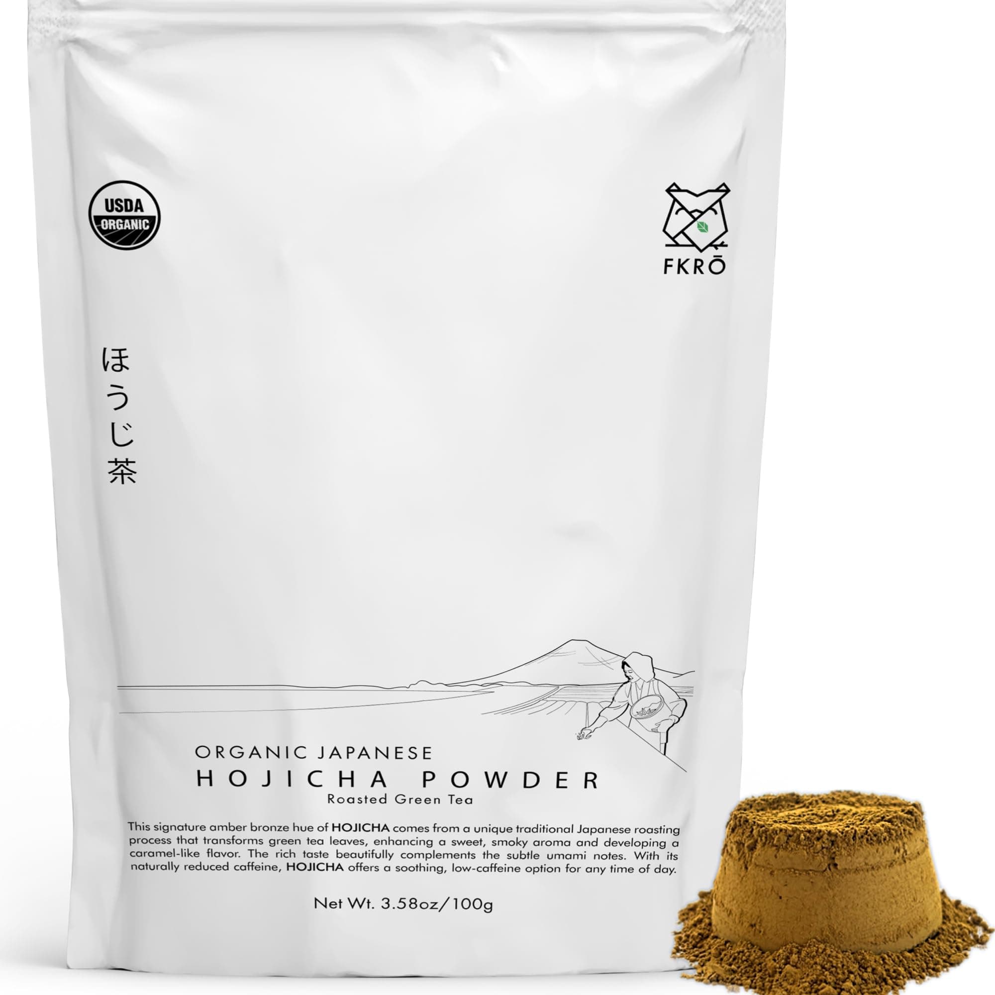FKRO Organic Hojicha Powder (100g/3.5oz) Japanese Roasted Green Tea Latte Drink | Premium First Harvest Houjicha Green Tea Powder | Sugar-free, Low Caffeine | Flown in Fresh from Japan Every Month