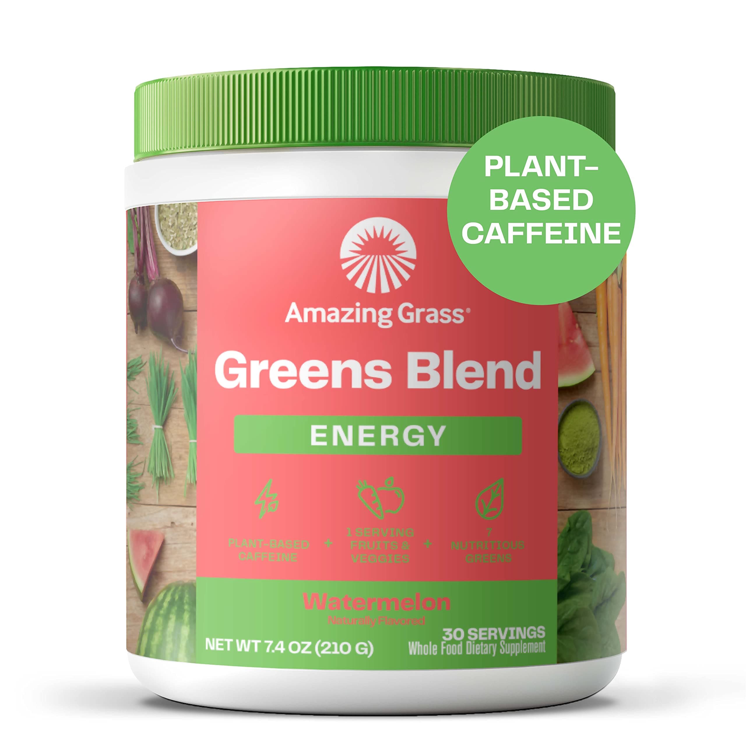 Amazing Grass Green SuperFood Energy: Super Greens Powder & Plant Based Caffeine with Matcha Green Tea, Nootropics Support, Watermelon, 30 Servings, 7.4 Ounce