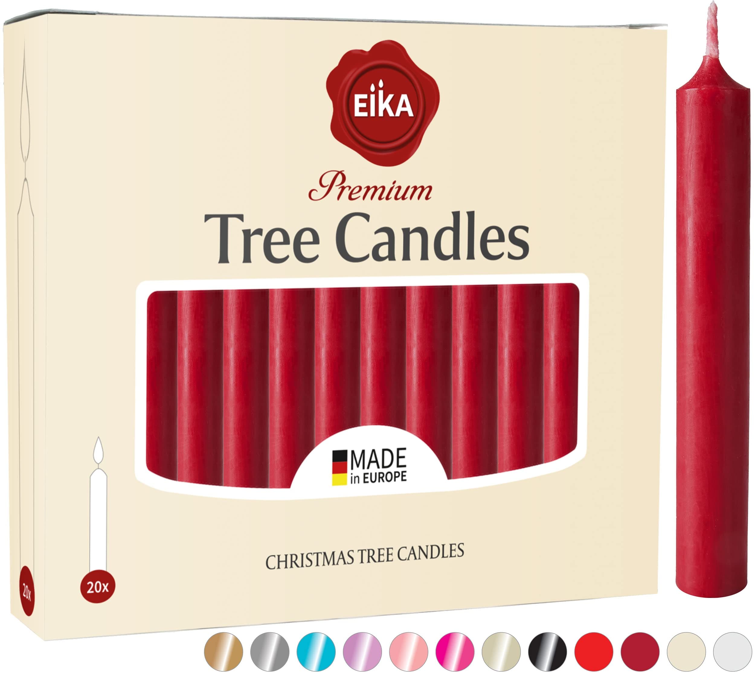 Eika Premium Christmas Tree Candles - Set of 20 Traditional Christmas Wax Candles for Pyramids, Carousels & Chimes - Made in Europe - Solid Colored - Dark Red
