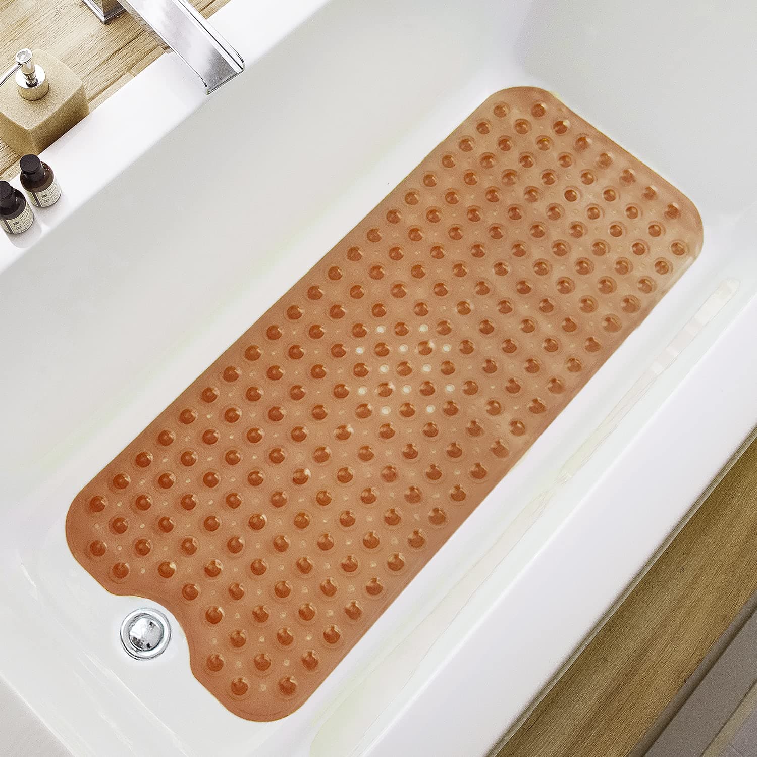 Bathtub Mats for Shower Tub, Extra Long Non-Slip 39 x 16 Inch Bath Mat with Drain Holes and Suction Cups, BathMat for Bathroom with Machine Washable (Clear Brown)