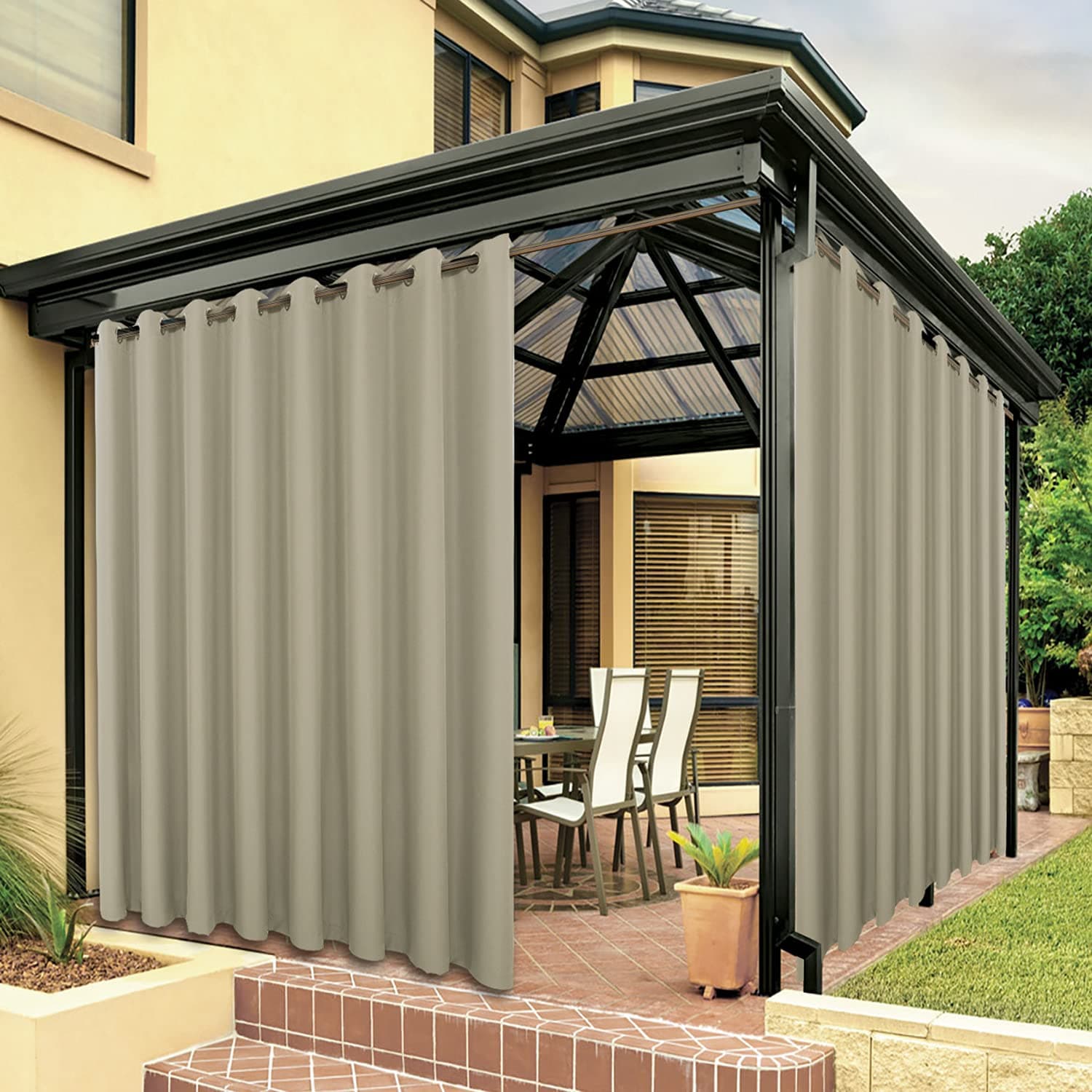 BONZER Outdoor Curtains for Patio Waterproof Thick Privacy Wide Grommet Sunlight Blocking Outside Curtains for Porch Pergola Gazebo Deck, 1 Panel, 110W x 84L inch, TaupeOEKO-TEX STANDARD 100
