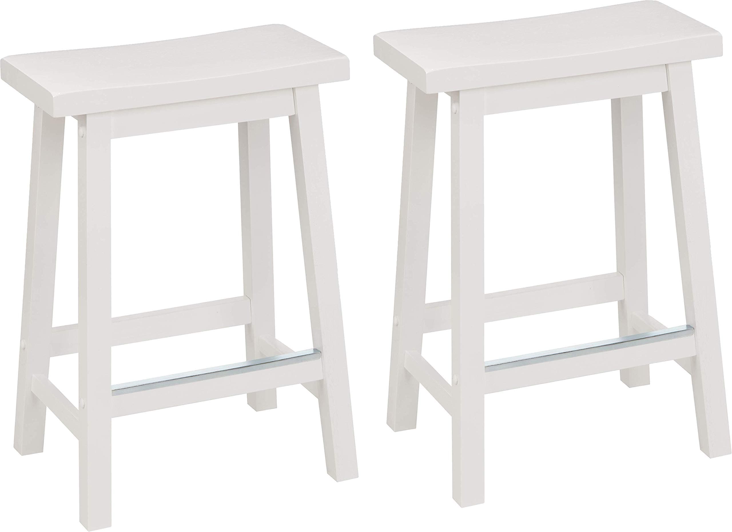 Amazon Basics Solid Wood Saddle-Seat Counter Height Bar Stools for Kitchen Island with Footrest, Sturdy Construction, 24-Inch Height, White, Set of 2