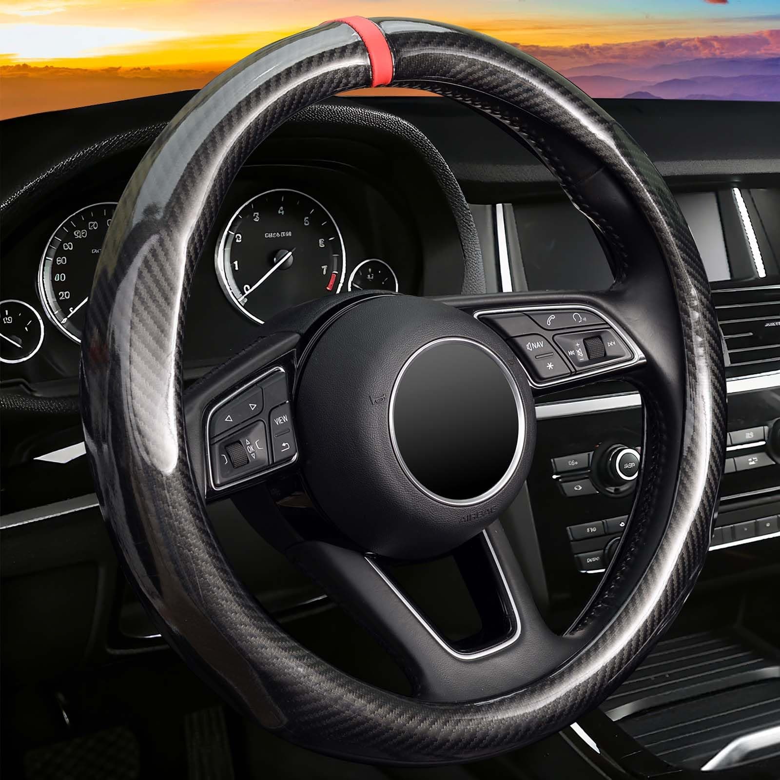 ZHOL Carbon Fiber Steering Wheel Cover, Universal Standard Size 14.5-15 inch Fashion Sport Auto Car Steering Wheel Accessories for Men, Black