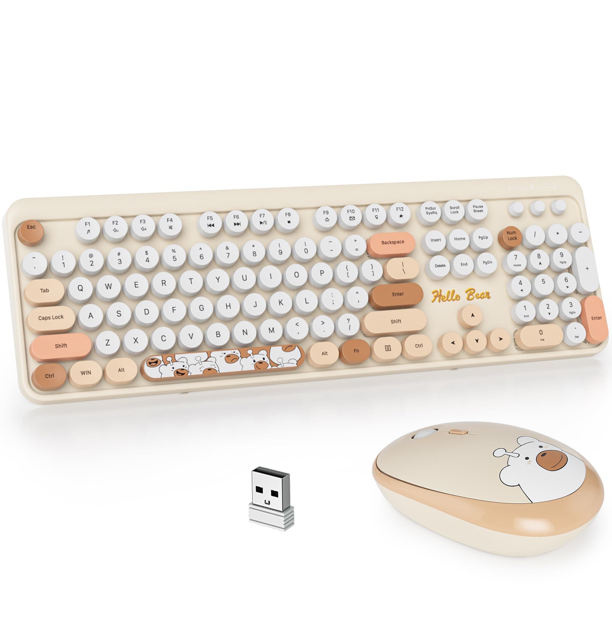 Guffercty kred GTSP Creamy Wireless Keyboard and Mouse, Typewriter Office Full-Sized Colorful Keyboard 2.4G Cute Aesthetic Keyboard for Computer, Laptop, PC Desktops（Brown）