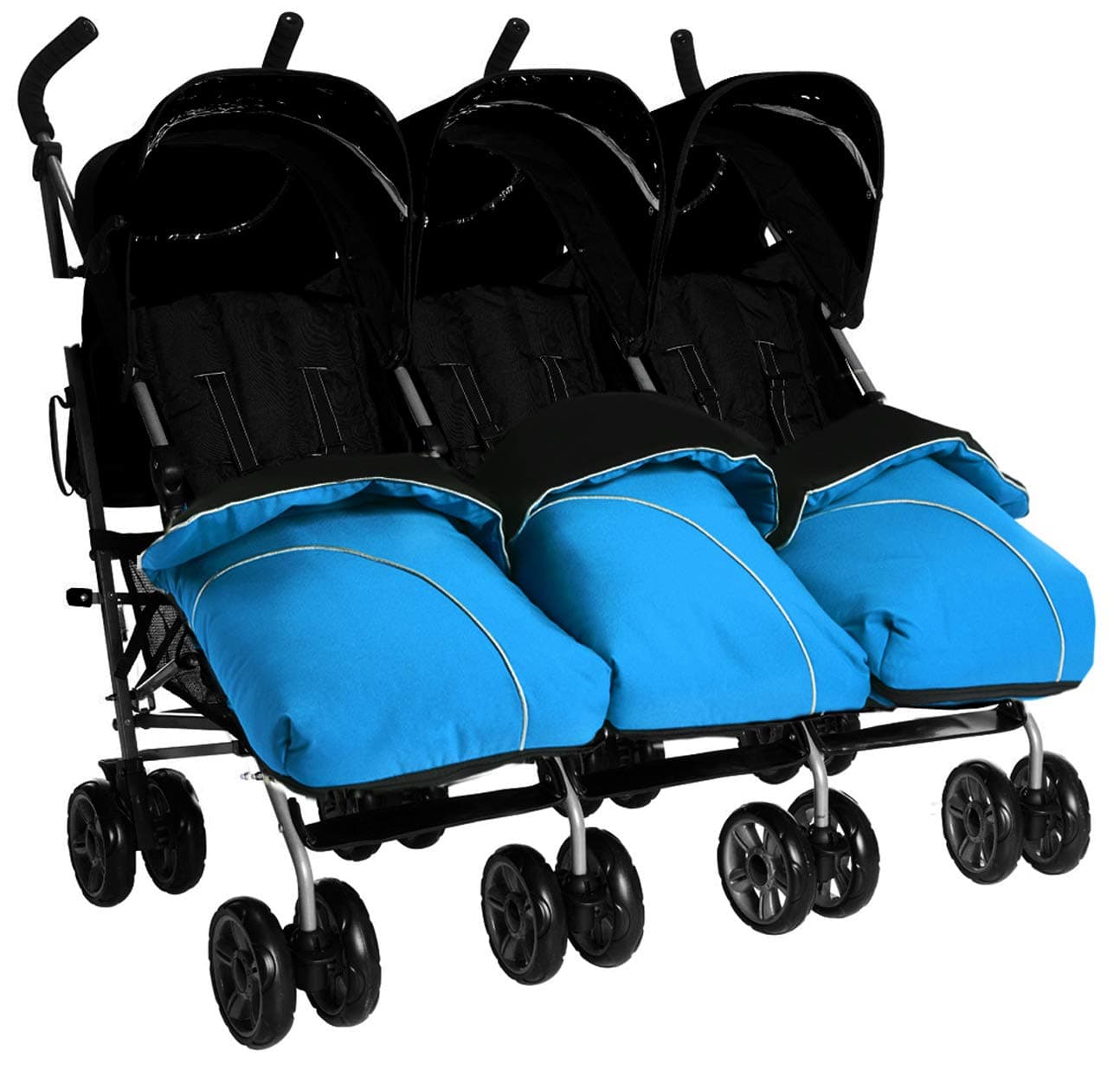 Kids Kargo Triple Pushchair with Raincover & Safety Strap Reflector Strips. Includes 3 Teal Footmuffs