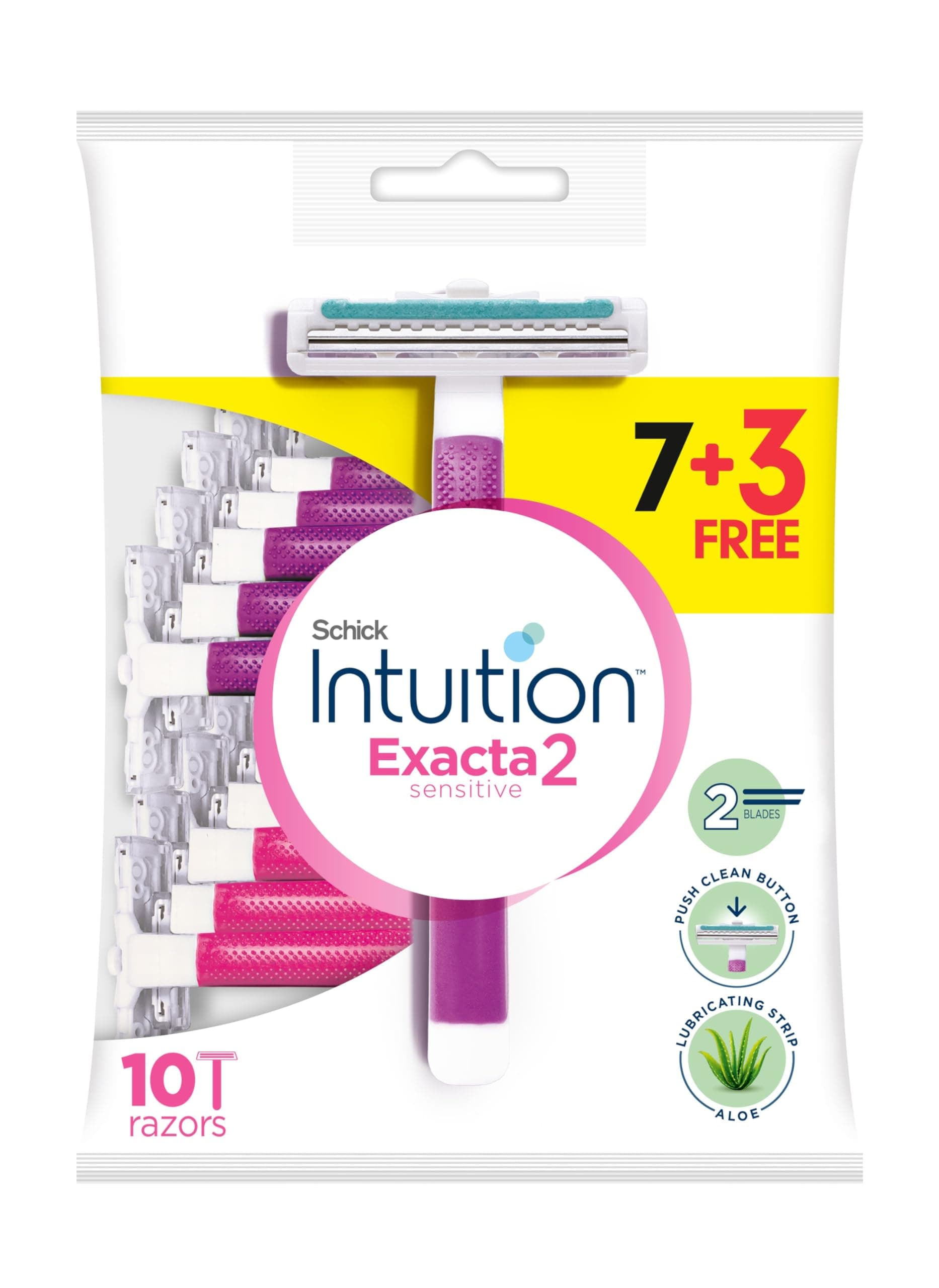 Intuition Exacta2 Sensitive Disposable Razor for Women, 7+3 Pack,Suitable for Sensitive Skin, Ultra thin 2 Blades, Lubricating Strip with Organic Aloe + Vitamin E, Push Clean Button