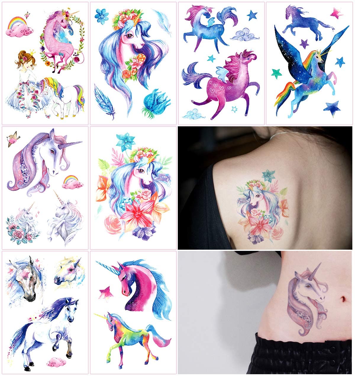 8 Sheets Temporary Tattoo Stickers Arm Leg Fake, Hand Paint Fairy Tales Horse Wing Unicorn Pegasus for Women