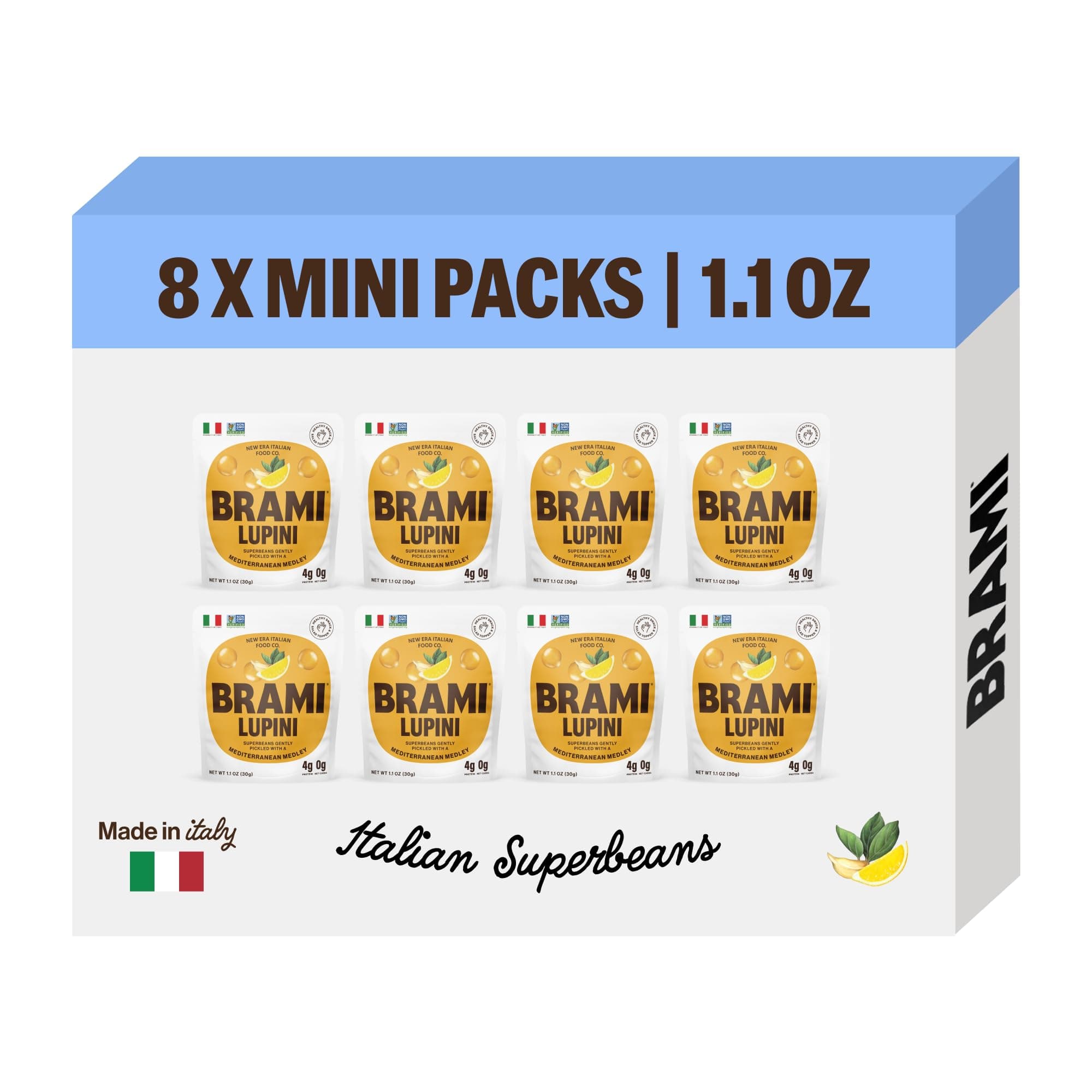 BRAMI Lupini Beans Snack, Mini | 4g Plant Protein, 0g Net Carbs | Vegan, Vegetarian, Keto, Plant Based, Mediterranean Diet | 1.06 Ounce (8 Count) (Mediterranean Medley)