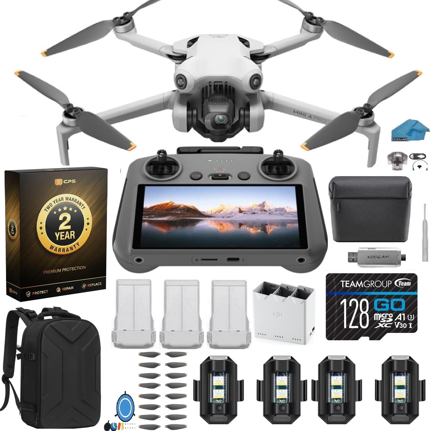 Mini 4 Pro Folding Drone with RC 2 Remote (With Screen) Fly More Combo, 4K HDR Video Camera for Adults, Under 249g, Omnidirectional Sensing, 3 Batteries Bundle with 128 gb SD Card Strobe Lights and More with 2 Year extended Warranty