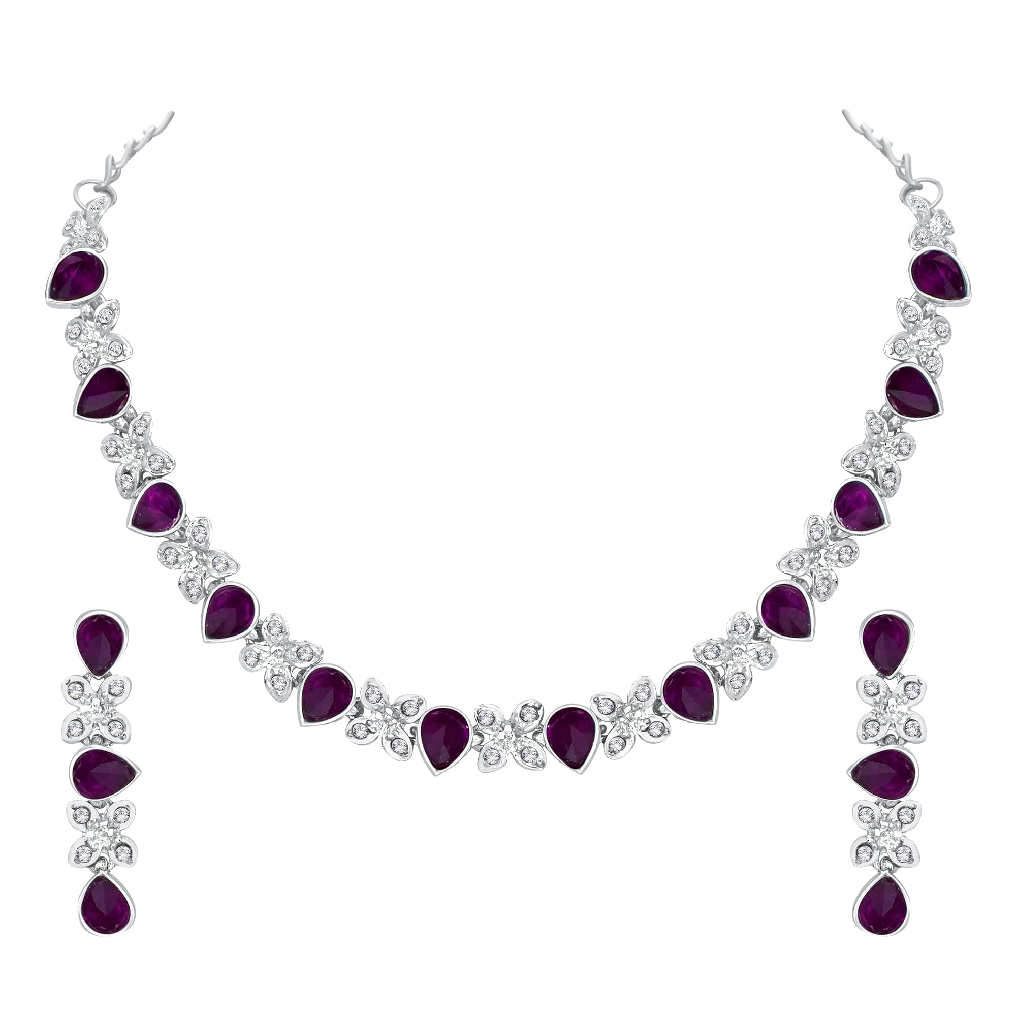 Atasi International Princess Style Silver Plated Purple AD Crystals/Stones Necklace with Earrings Jewellery Set for Women/Girls - Wedding Jewelry/Party & Festival Accessories