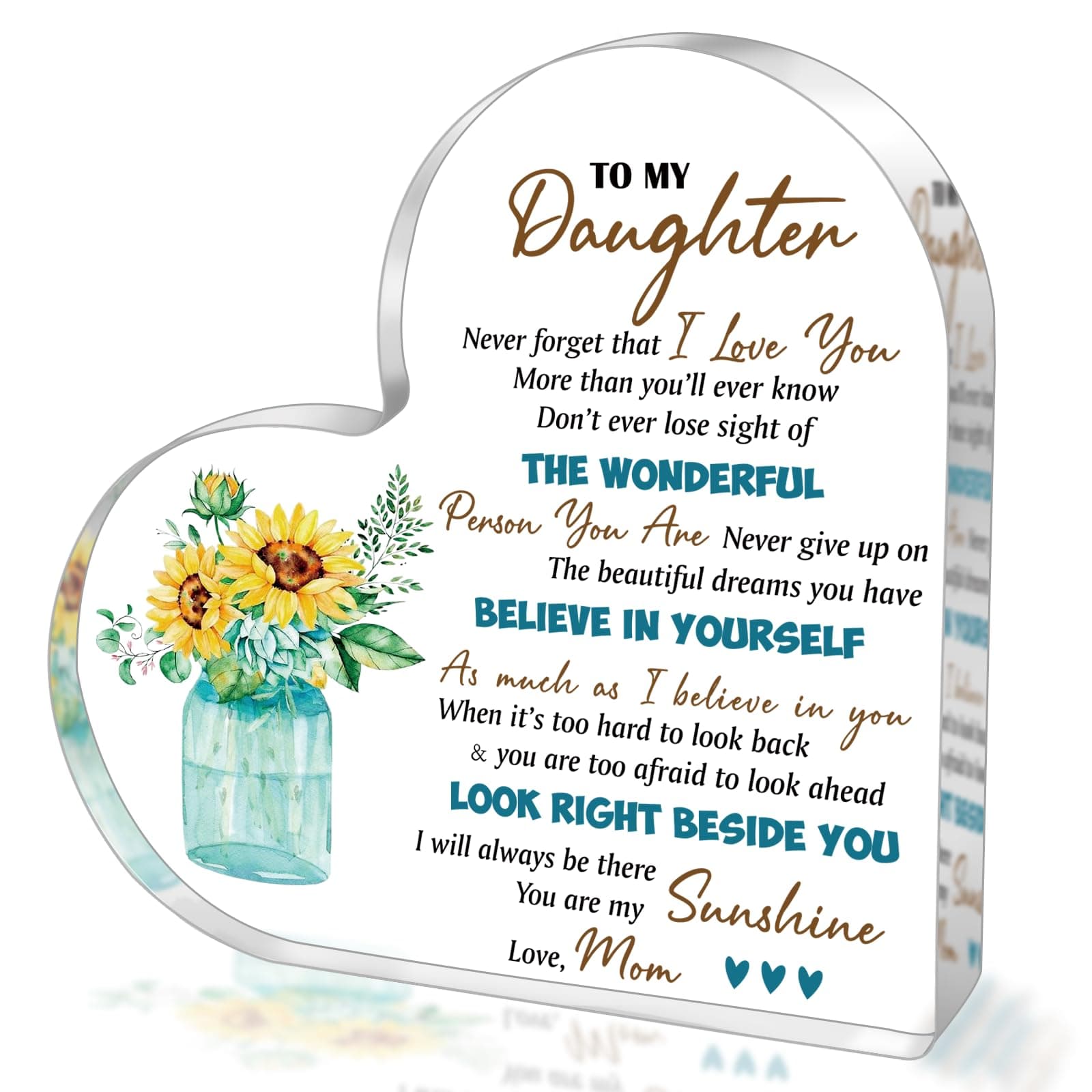 SUEHHYY Gifts for Daughter from Mom Mother, to My Daughter Acrylic Heart Table Sign, Birthday Graduation Wedding Day Mothers Day Christmas Valentines Day Gifts for Daughter Adult