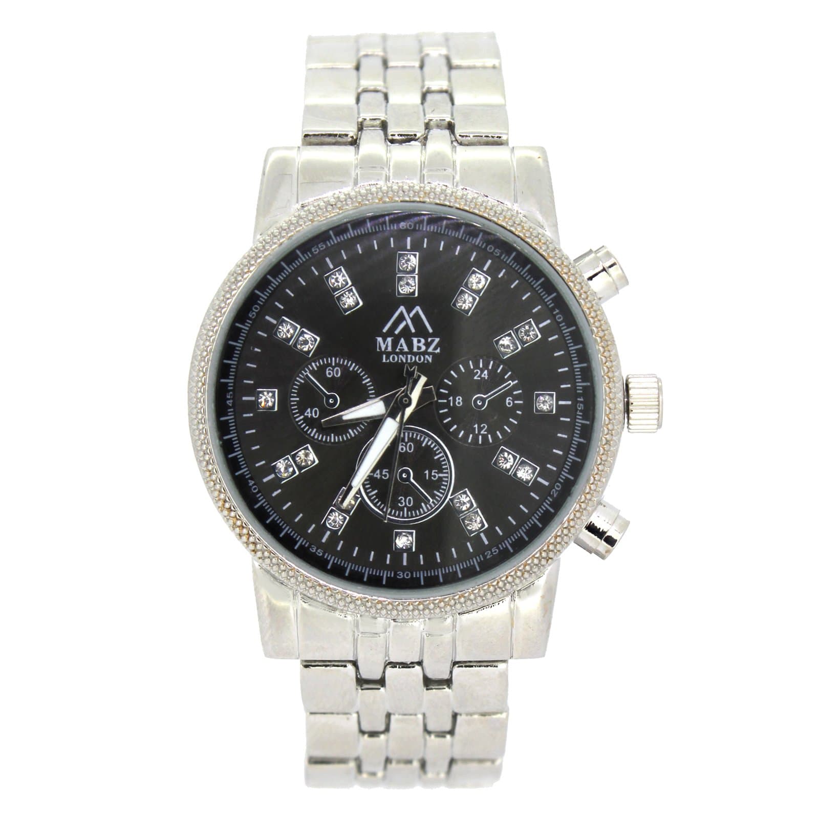 Ladies Womens Silver Stainless Steel Bracelet Black dial Watch with decoritive dials and Stones/Crystals