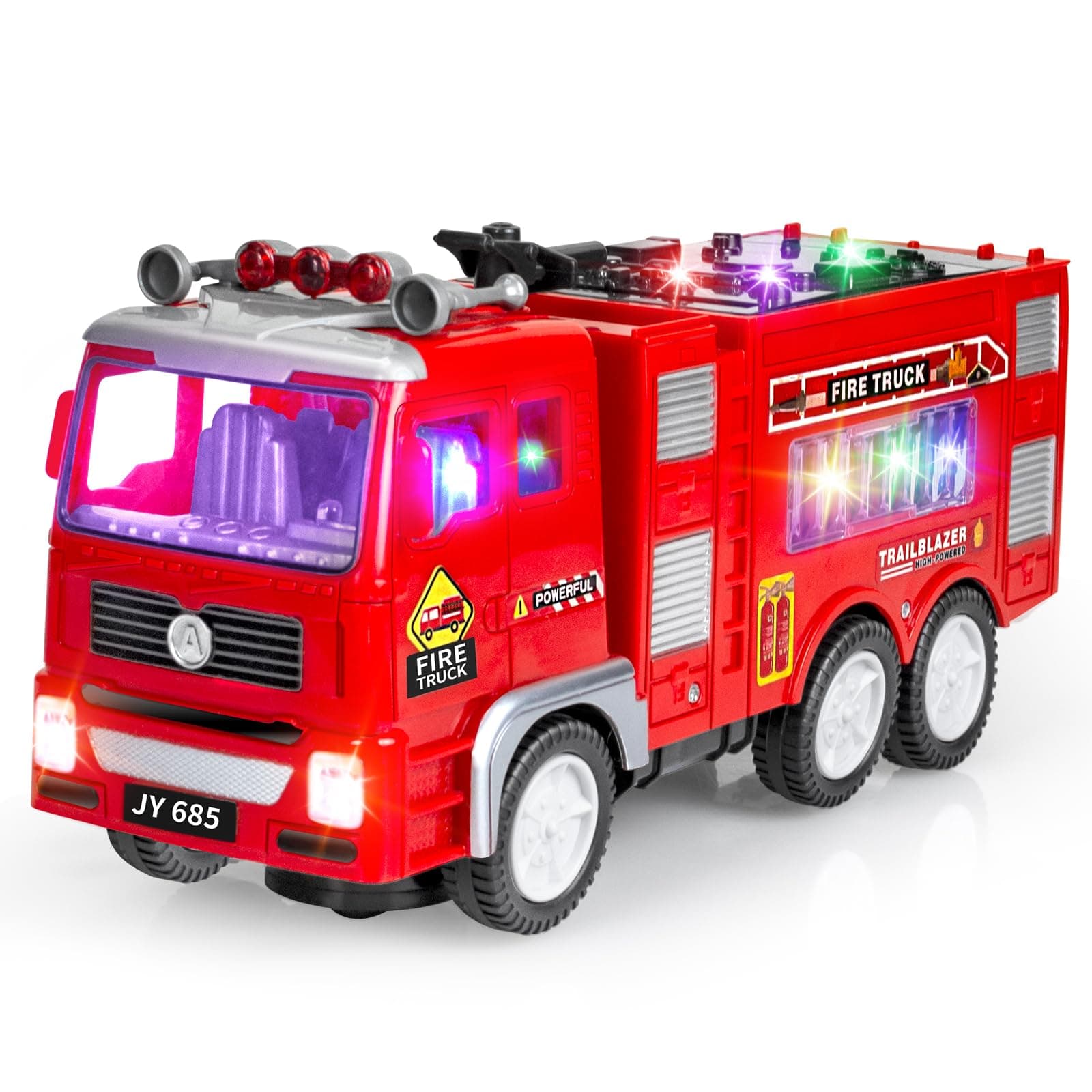 Toddler Fire Engine Truck Toys, Large Fire Truck Toy for 3 4 5 6 Year Olds, Bump and Go Firetruck with Flashing 4D Lights & Real Siren Sounds, Rescue Car Toys Gifts for Kids 3-8 Boys Girls