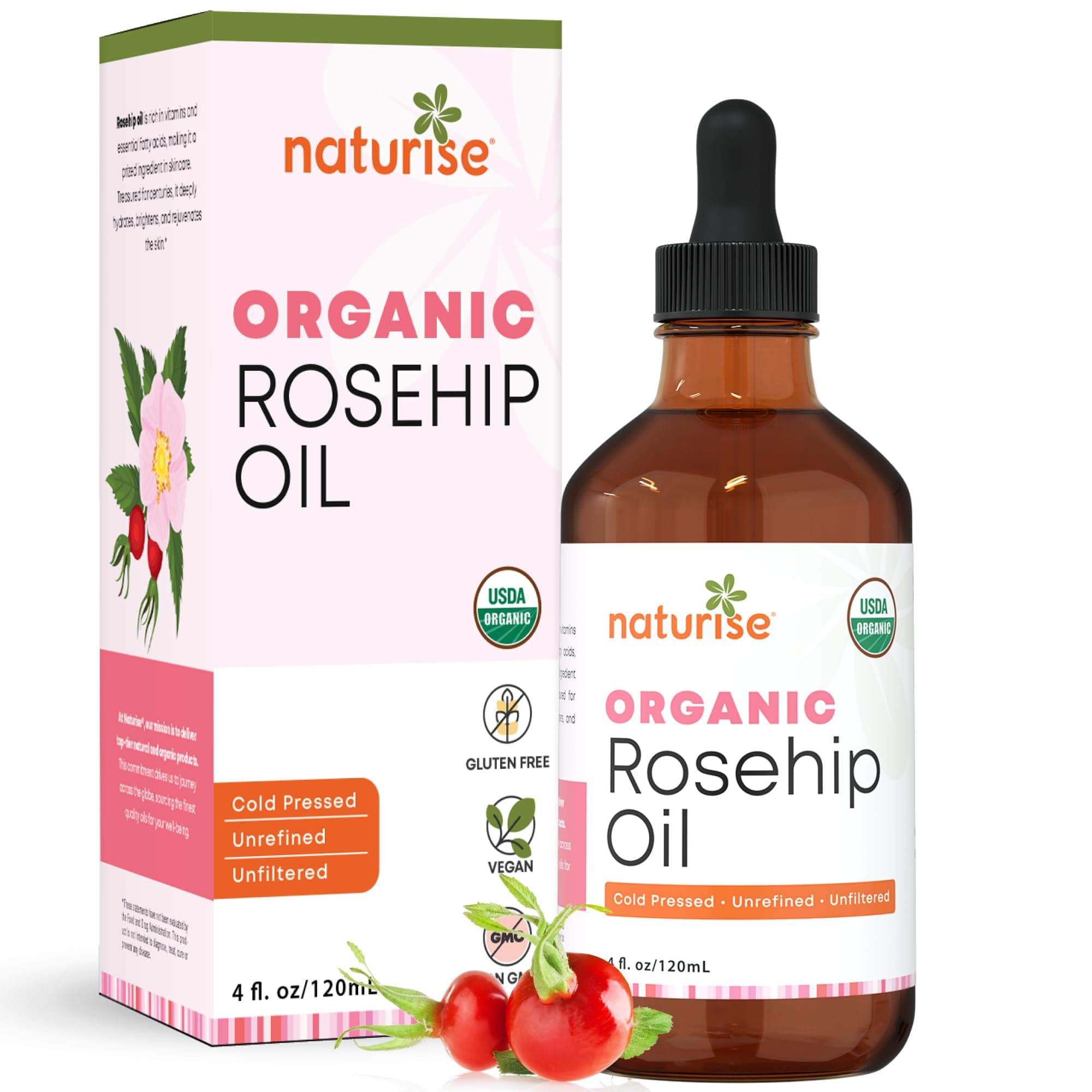 Organic Rosehip Seed Oil for Face, 100% Pure, Natural Cold Pressed Rose Hip Oil for Skin, Hair, Nails and Body Care (4 FL. OZ.)