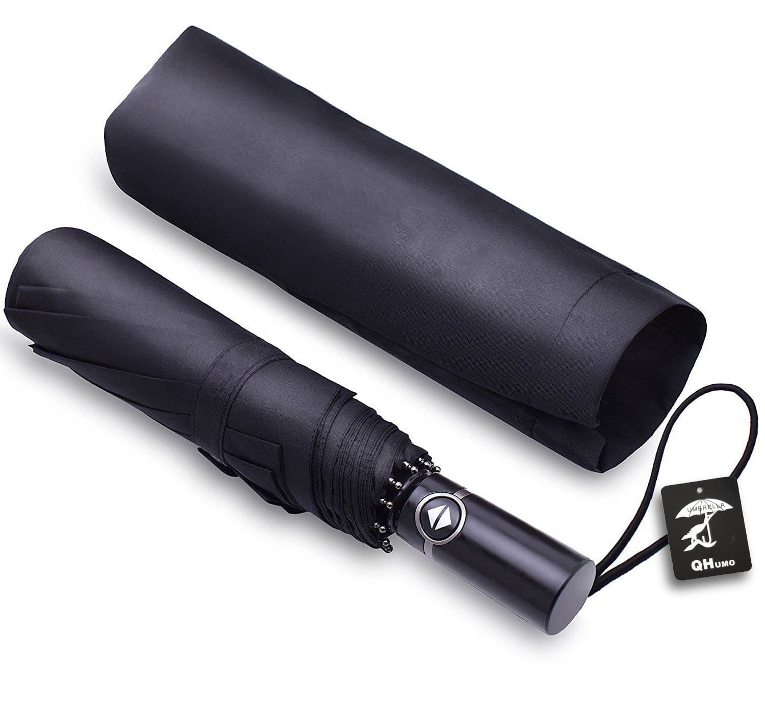 QHUMO Travel Umbrella Windproof, 10 Ribs Auto Umbrella with Teflon Coating Black