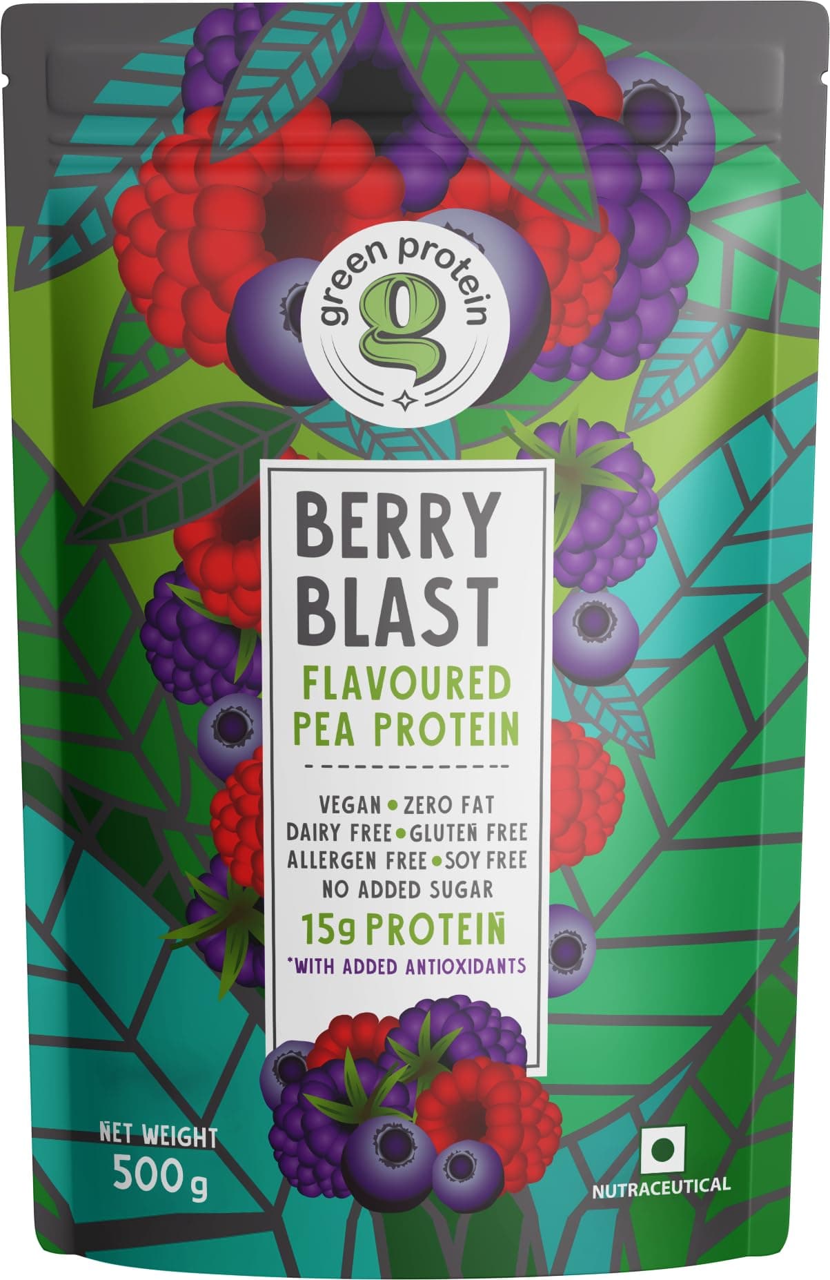 GREEN PROTEIN Plant Protein Isolate Powder, Plant Protein, No Added Sugar, 100% Soy Free, Dairy Free, Gluten Free, Allergen Free, Berry Blast Flavor, 15g Protein Per Serving, Pouch (500g)