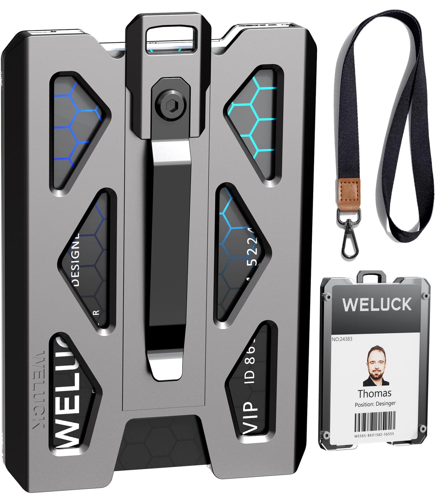 ID Badge Holder, Durable Aluminum ID Card Holder/Wallet with Lanyard and Metal Clip, 4 Cards/ID Badges Holder by WELUCK, for Business Office Work Police Outdoor Gift (Grey01)