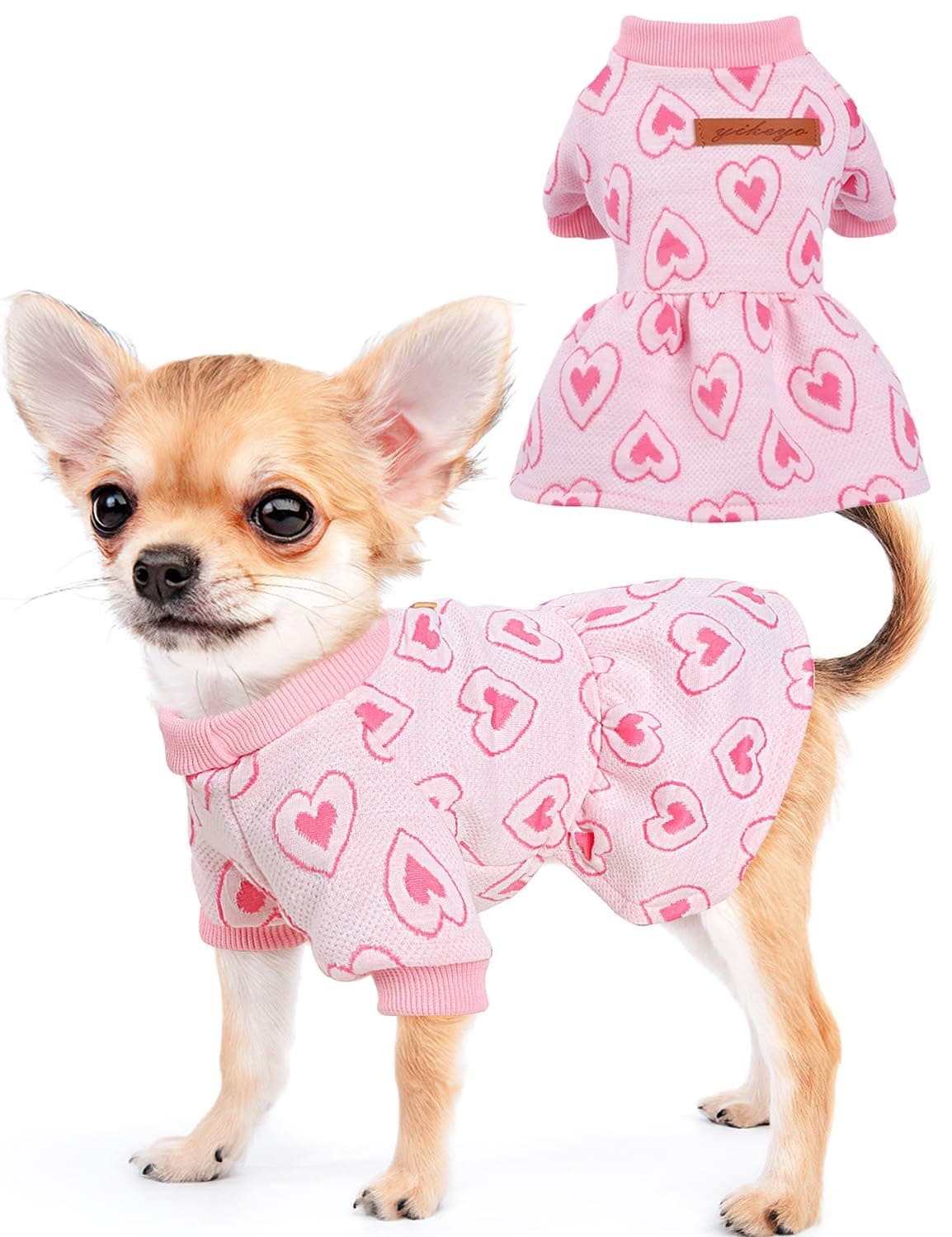 Valentines Day Dog Dresses for Small Dogs Girl Fall Dog Clothes Cute Dog Dress with Cute Red Love Design Turtleneck Pet Cat Clothes Outfit XXS Dog Clothes Pink