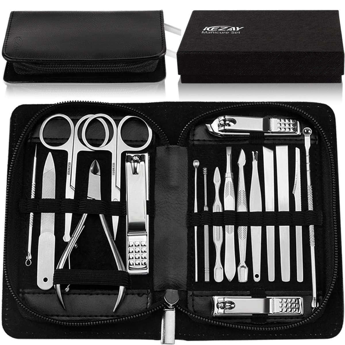 Manicure Pedicure Set 18 in 1,Stainless Steel Grooming Kit Include Nail Clippers Set and Pedicure Tools with Best Leather Travel Case and Gift Box for Women Men or Family