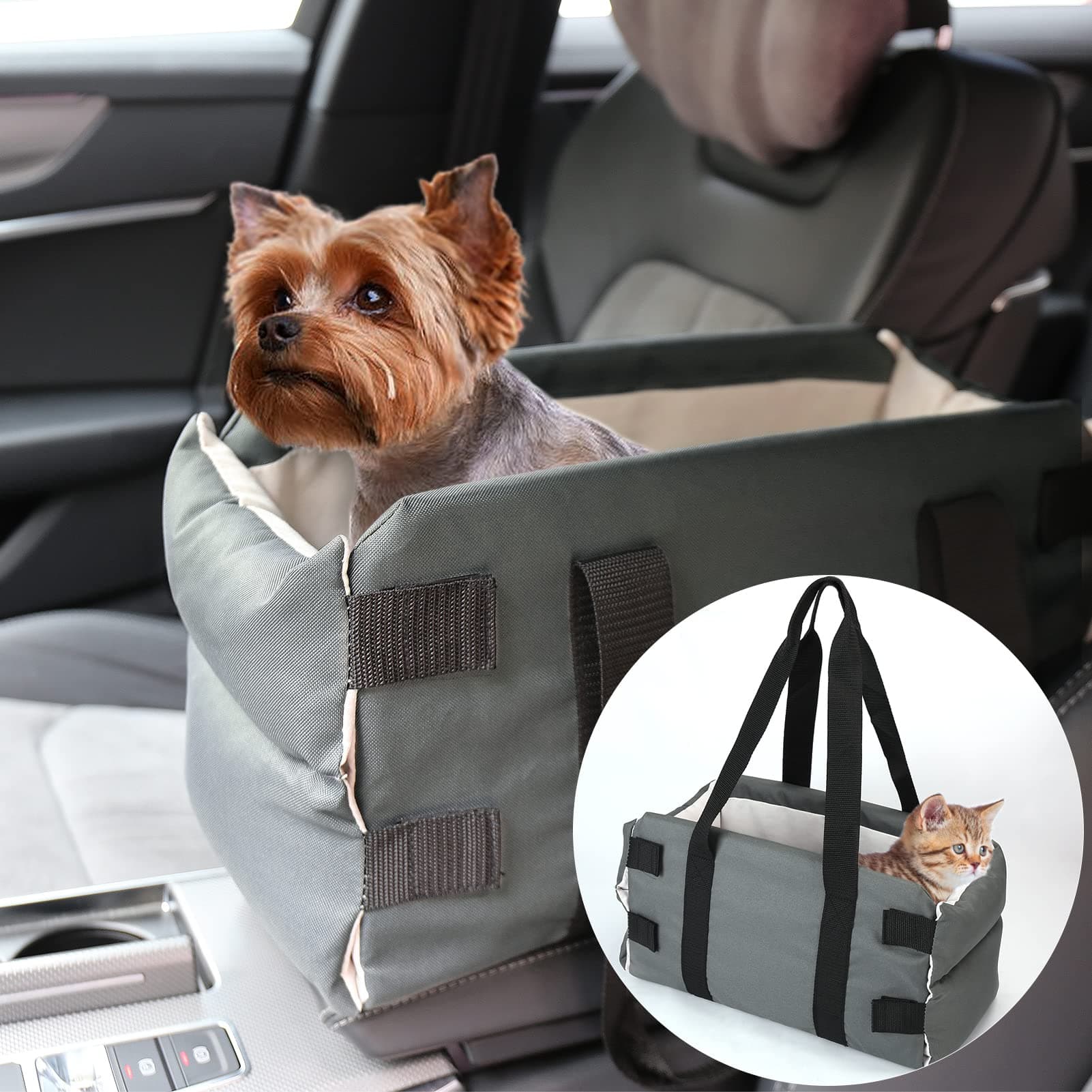 SSAWcasaCenter Console Dog Car Seat, Dog Console Car Seat for Small Dogs, Pet Car Booster Seat Puppy Car Seat Bed, Middle Console Dog Cat Carseat, Portable Pet Travel Carrier Bag with Safety Tether