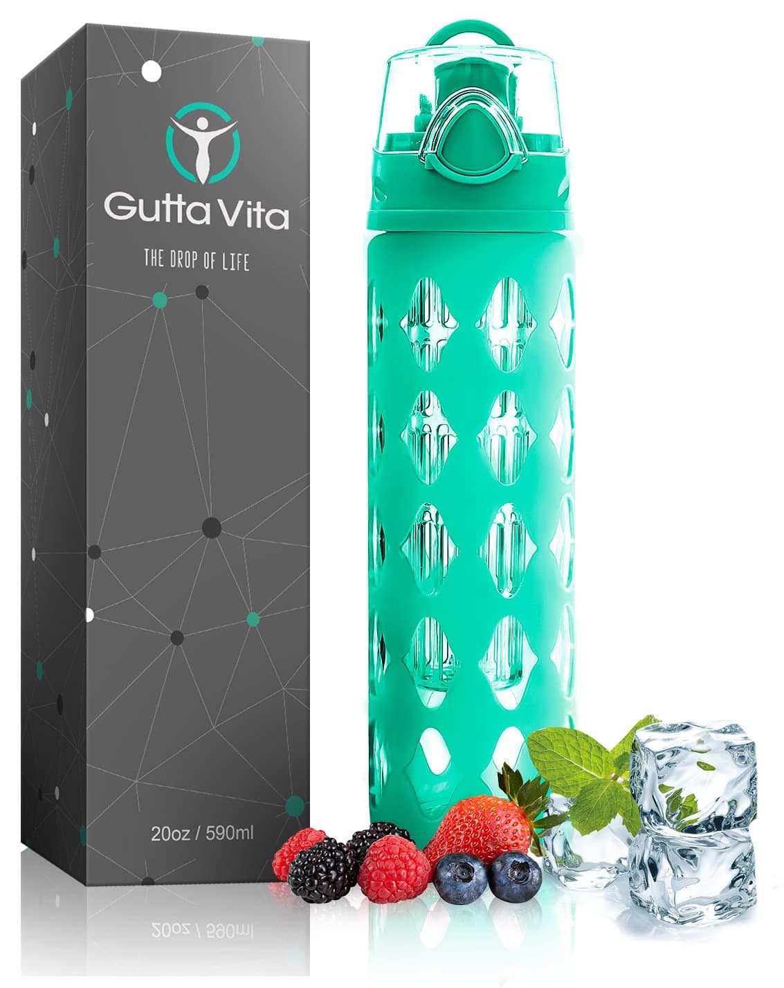 20 oz Glass Water Bottle Fruit Infuser with Silicone Sleeve - Best for Yoga Gym Hiking or Sports - BPA Free Borosilicate Glass - Portable Detox Bottle with Leak Proof Flip Top