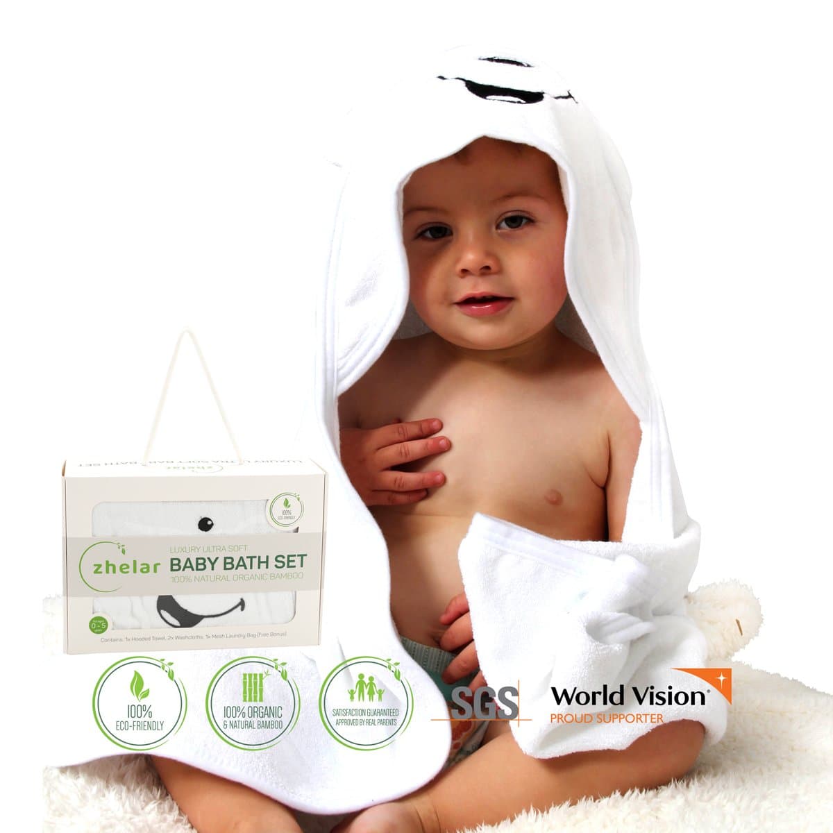 Luxury Bamboo Baby Bath Set | Hooded Towel with Ears & 2 Washcloths | Organic, Ultra Soft, Extra Large | Perfect Shower Gift for Newborn, Infant, & Toddler | Bonus Laundry Bag | ZHELAR