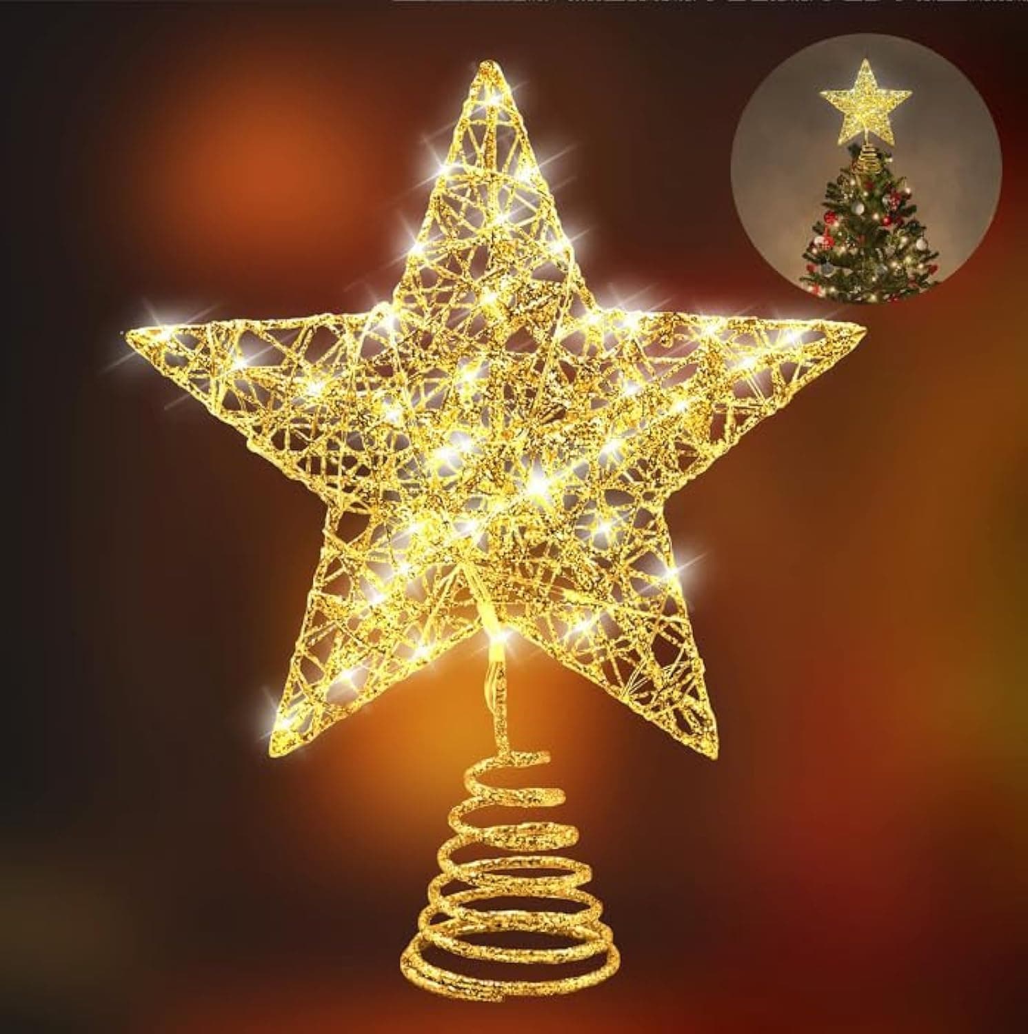 Christmas Tree Topper Golden, 20 LED Lights Star Treetop Christmas Two Modes-Solid and Blinking Decorations with Battery Operated for 3-10 Feet Christmas Tree (Style A)