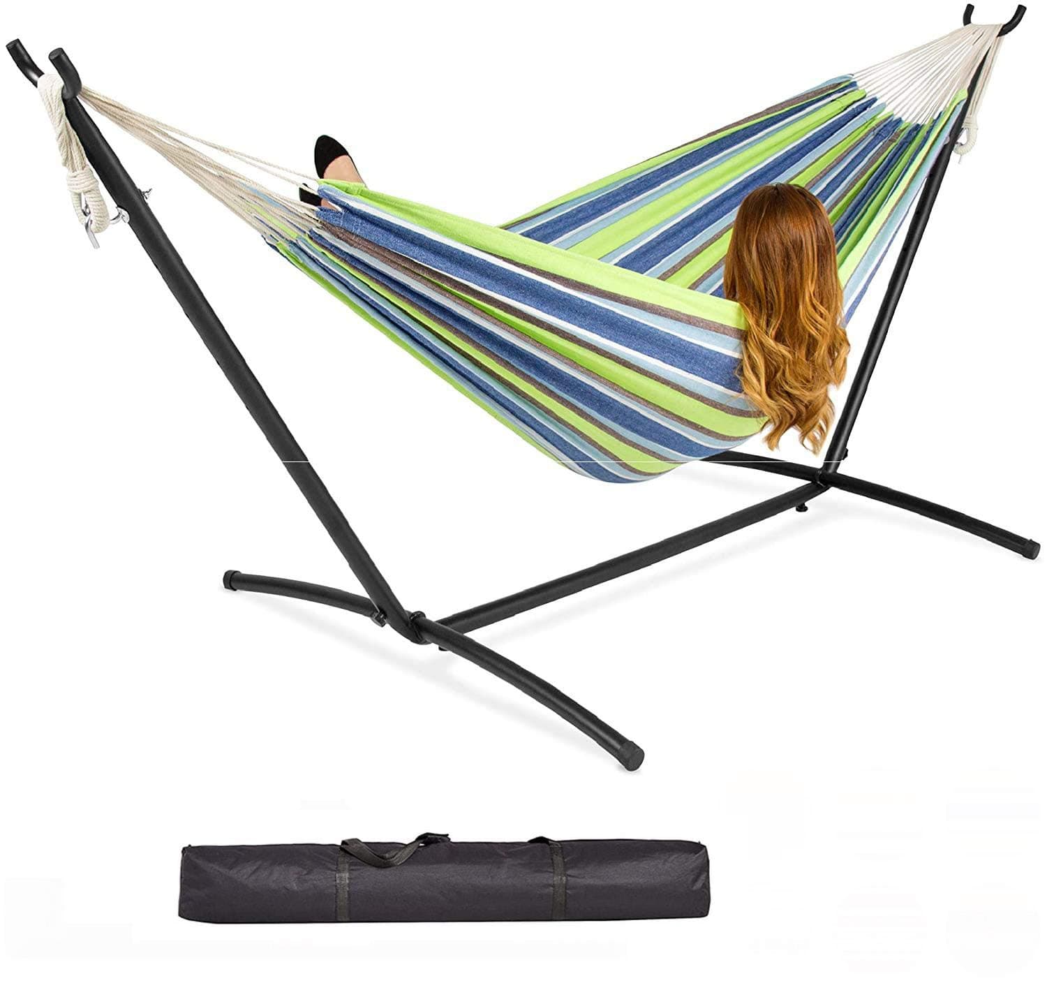 Single Cotton Hammock Outdoor Camping Patio Bed Swing with Space Saving Steel Metal Stand Frame