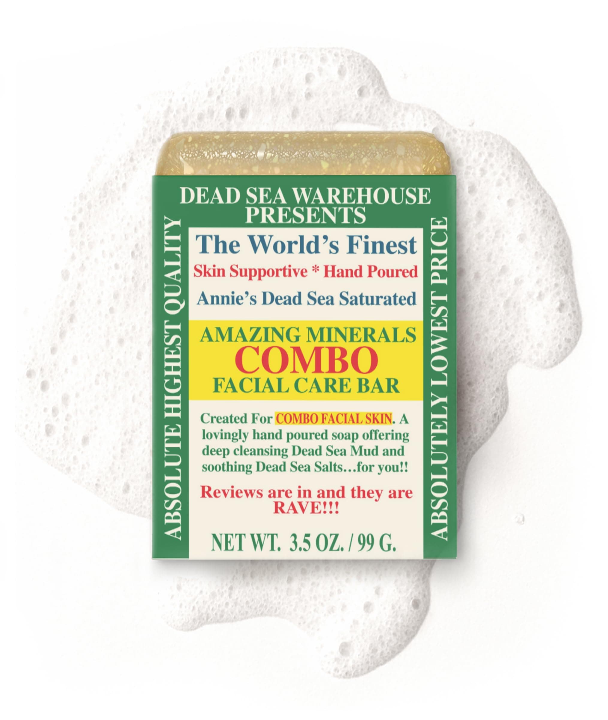 Dead Sea COMBO Facial Care Bar - Face Soap for Women and Men - Clarifying Dead Sea Mud & Salt Soap for Combination Skin, Handmade & Unscented, 3.5 oz