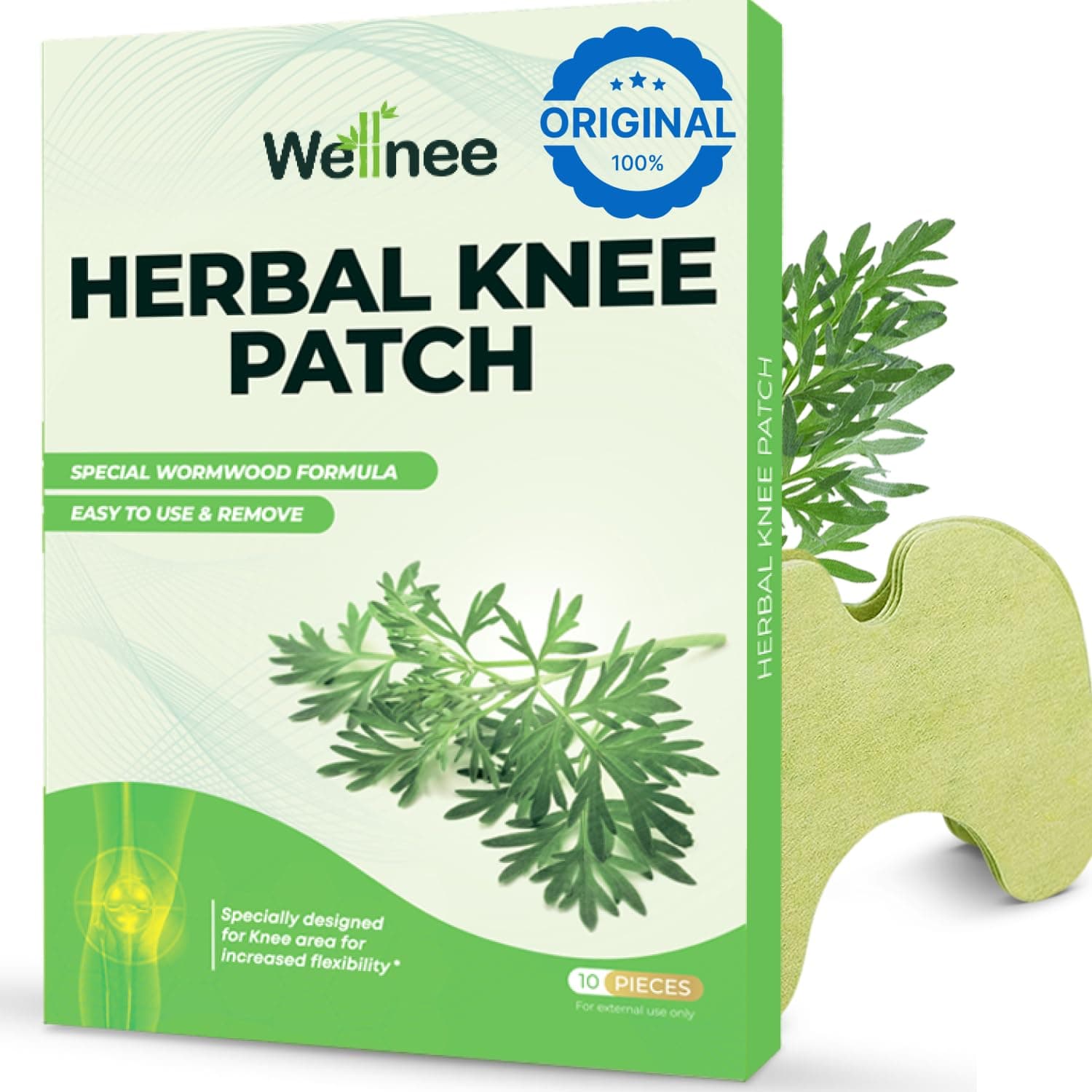 Wellnee Original Herbal Knee Patch - Wellknee Plaster for Knee Support & Muscle Pain - Maximum Strength for a Temporary Relief - Adhesive Heat Patches Made with Natural Herbs for Wellness (10 Pads (Pack of 1))