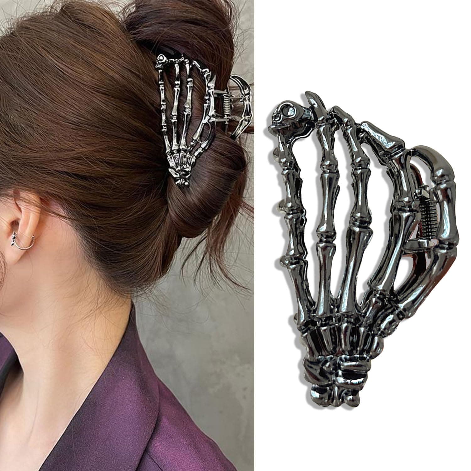 Metal Skull Hand Hair Clip, 1Pcs Gunmetal Hair Claw Clip for Thin Hair Punk & Y2K-Style