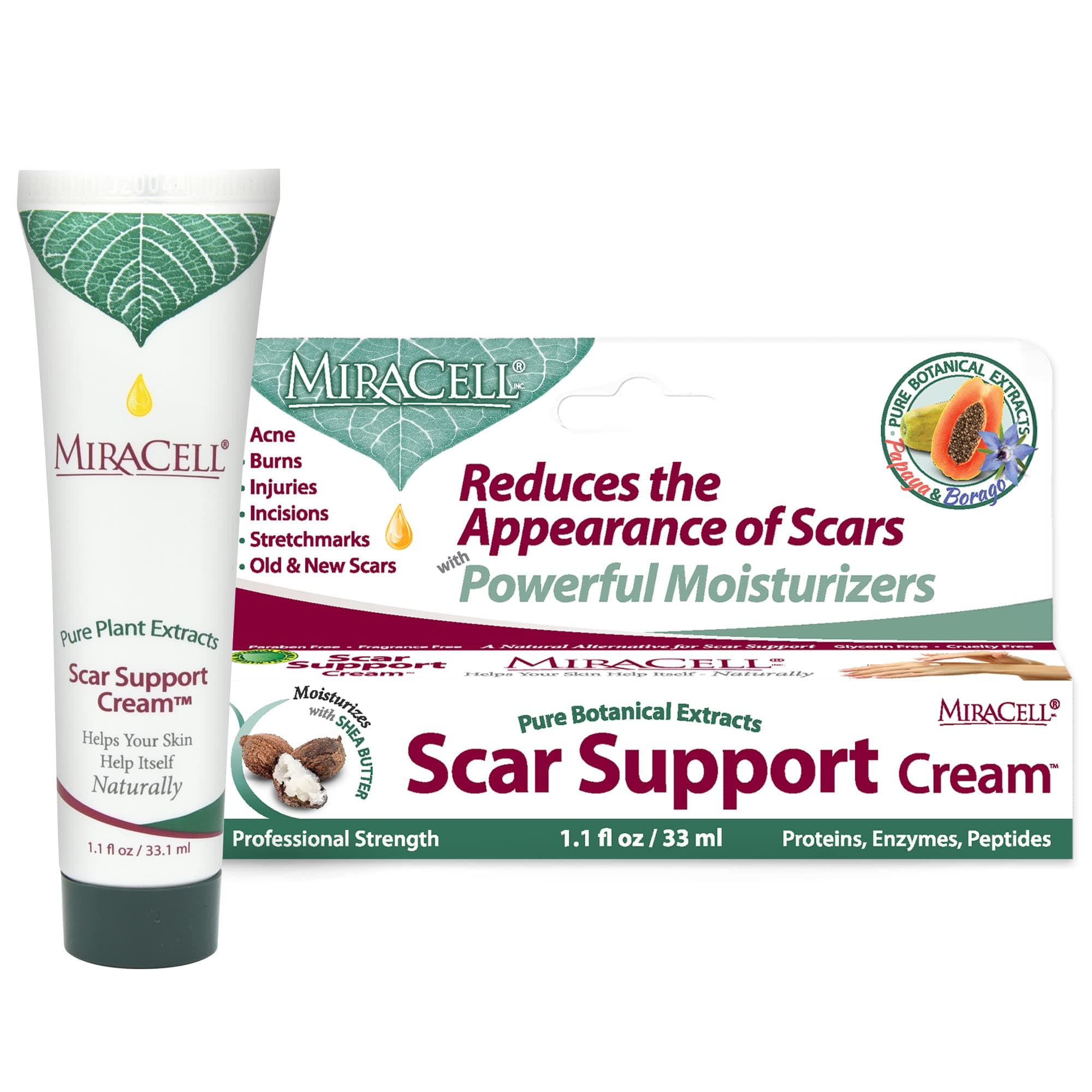 MiraCell - Scar Support Cream, Natural Scar Removal Cream, Acne and Burn Scar Cream, Body and Face Scar Cream with Papaya Extract, No Parabens or Glycerin, 33.1 mL