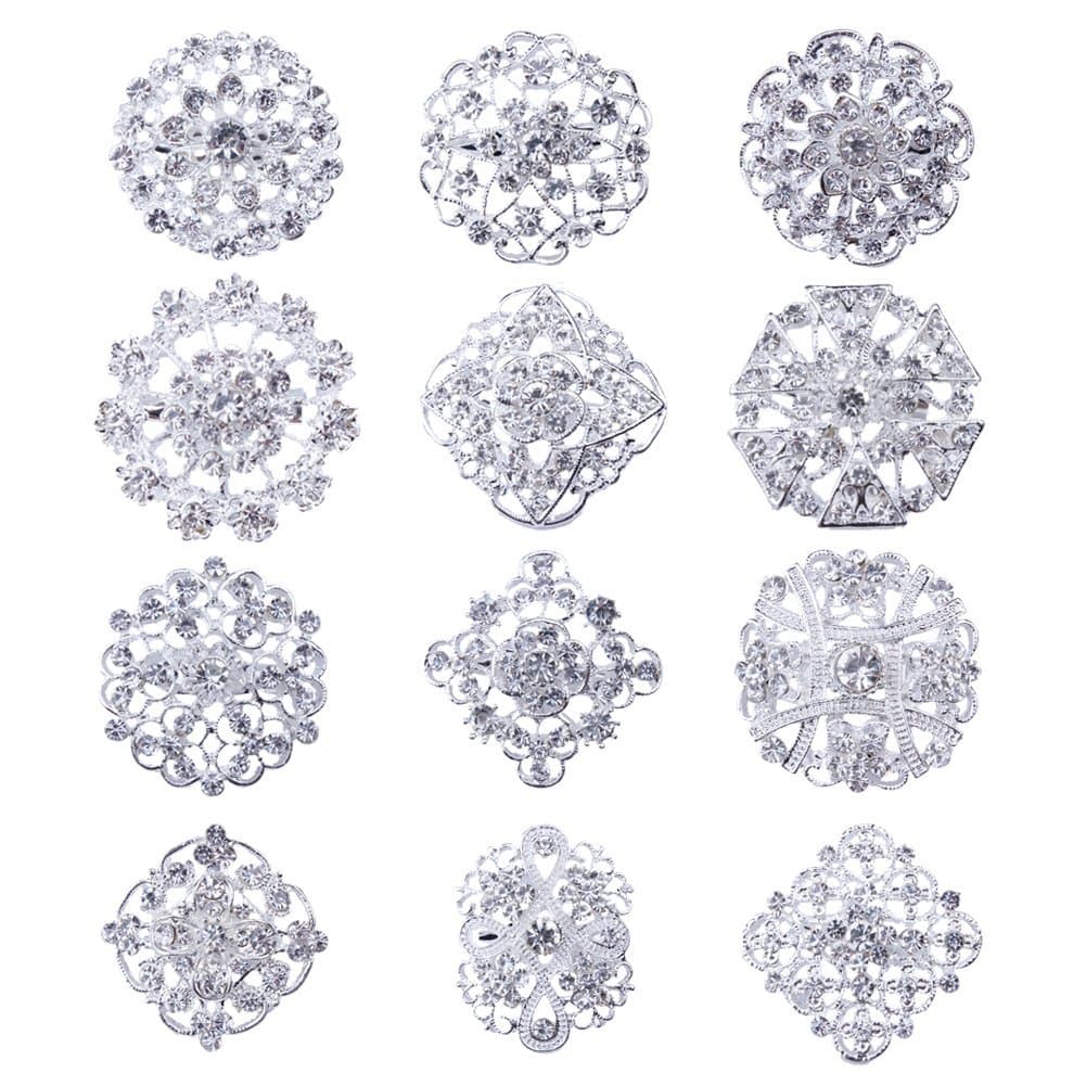 Brooches and Pins for Women, Gold or Silver Color with Rhinestone Crystal Flower Brooch Pins for Wedding Bouquet Party Decoration Broaches Set