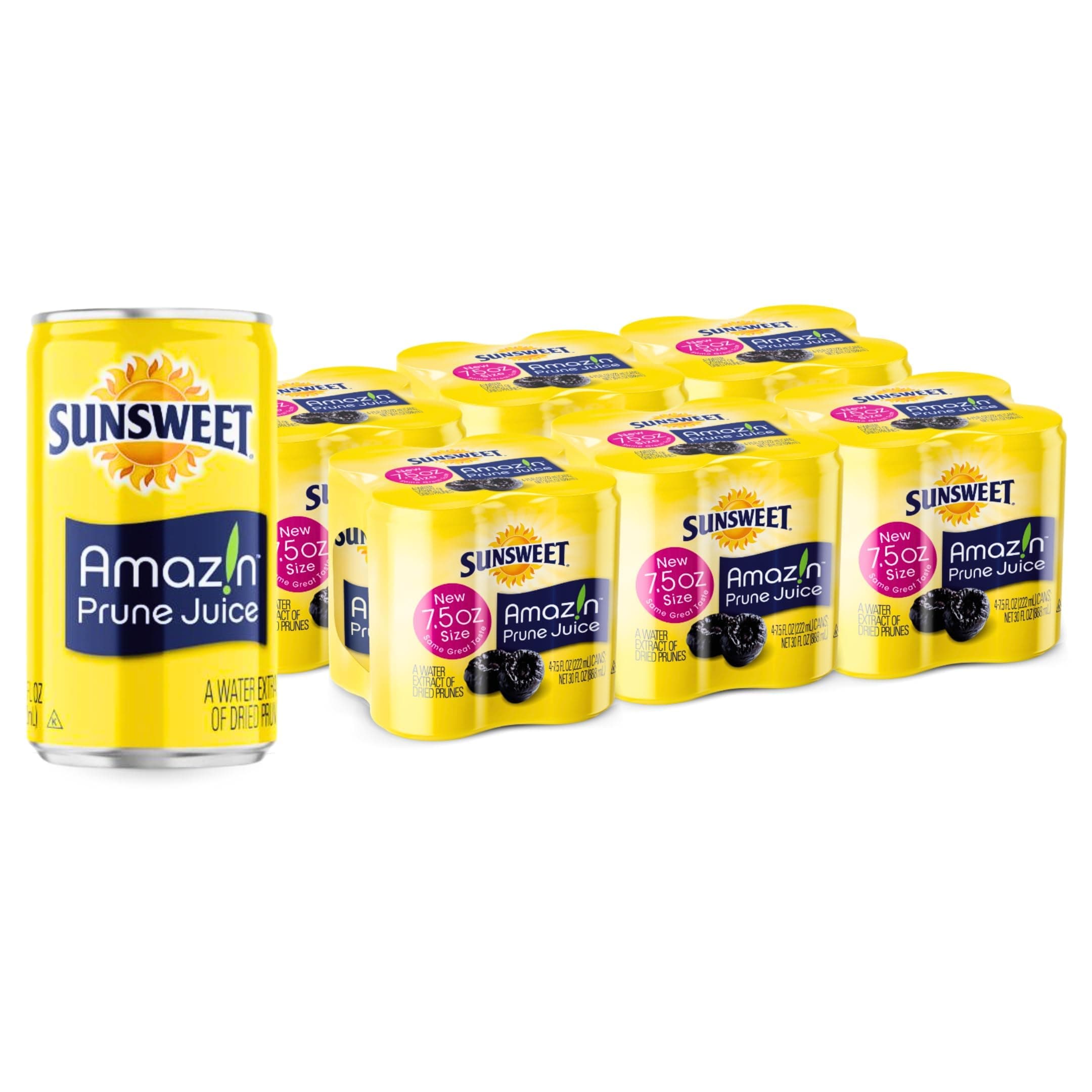 Sunsweet Amazin Prune Juice Small Cans - Water Extract of Dried Prunes Pitted Unsweetened - Low Fat - 100% Juice Rich in Dietary Fiber & Natural Minerals - 6 x 4 Pack of 7.5 Ounce