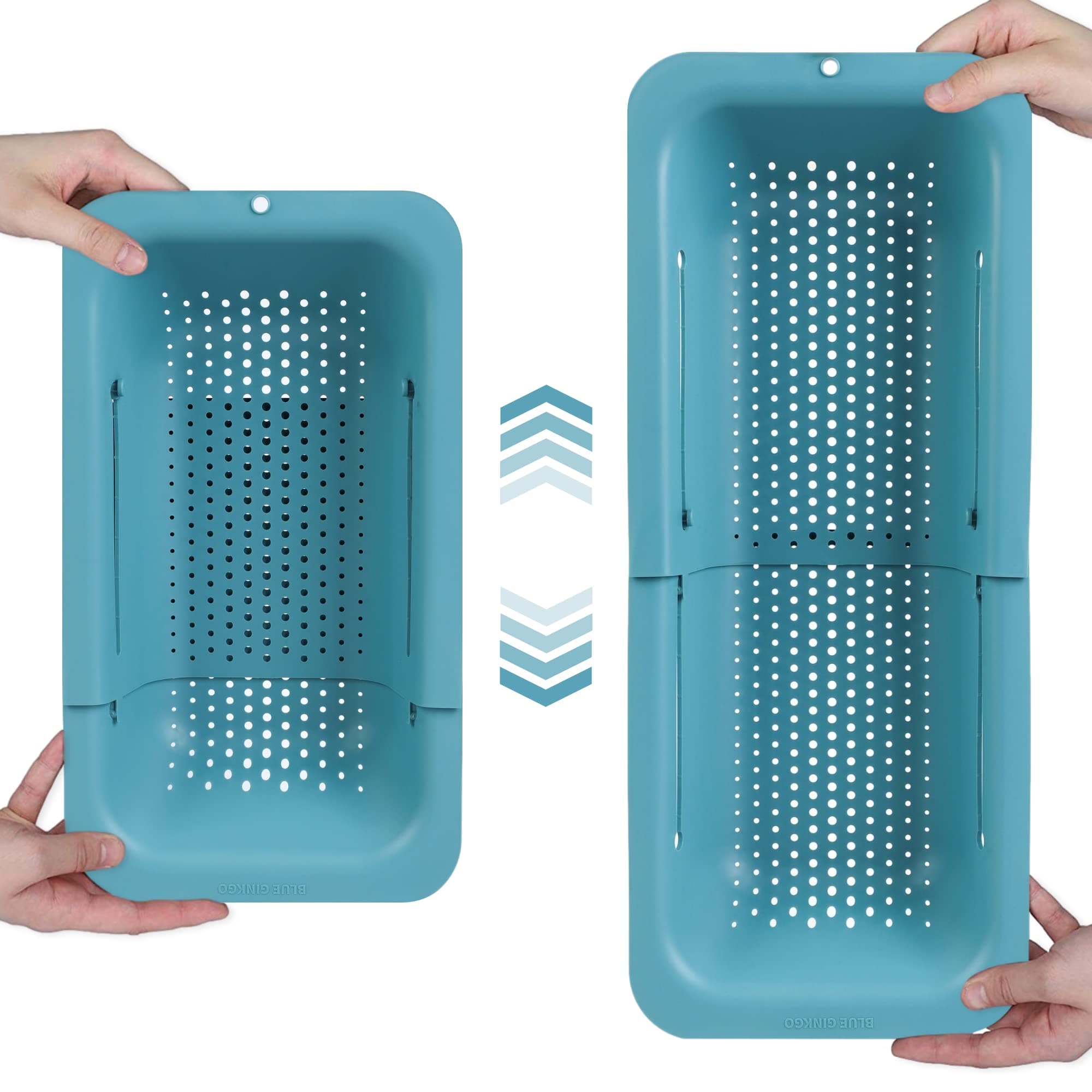 BLUE GINKGO Over the Sink Colander Strainer Basket - Wash Vegetables and Fruits, Drain Cooked Pasta and Dry Dishes - Extendable - New Home Kitchen Essentials (7.9 W x 14.5-19.5 L x 2.75 H) - Teal